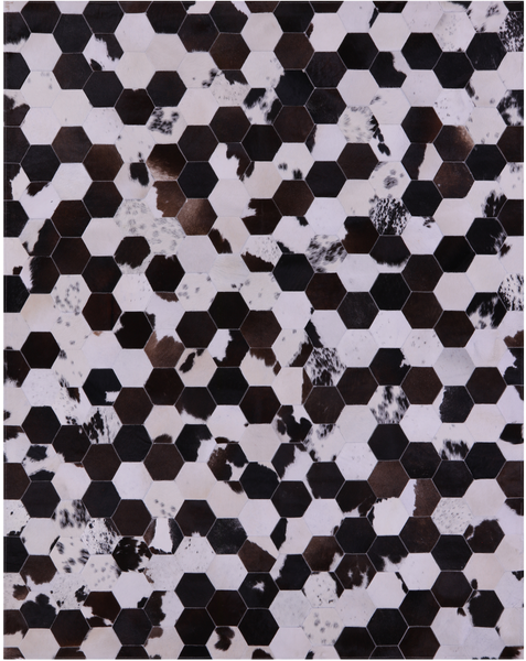 Brown & White Hexagon Natural Cowhide Hand Stitched Patchwork Rug - 6' 7" X 8' 3" - Golden Nile