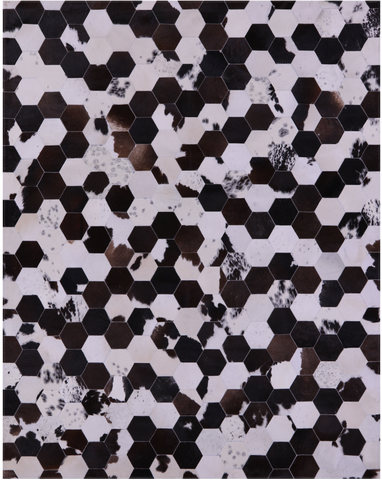 Brown & White Hexagon Natural Cowhide Hand Stitched Patchwork Rug - 6' 7
