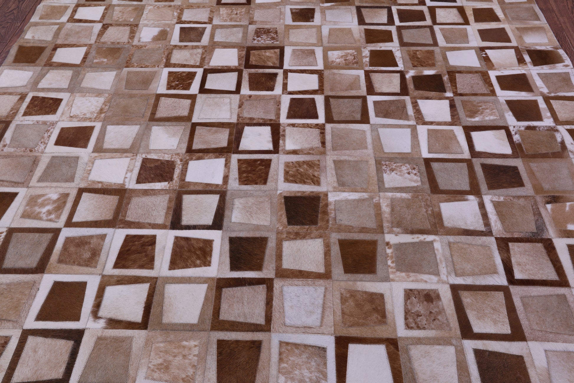 Wabi-Sabi Brown & White Square Natural Cowhide Hand Stitched Patchwork Rug - 6' 10" X 6' 10" - Golden Nile