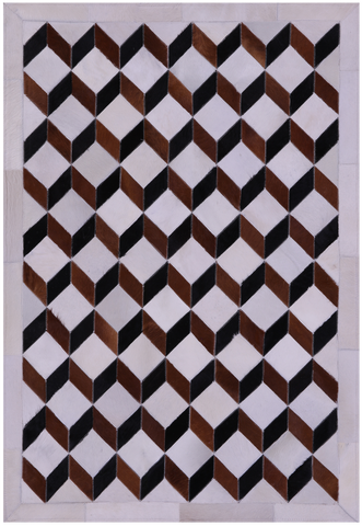 Brown & White Natural Black Cowhide Hand Stitched Patchwork Rug - 3' 5