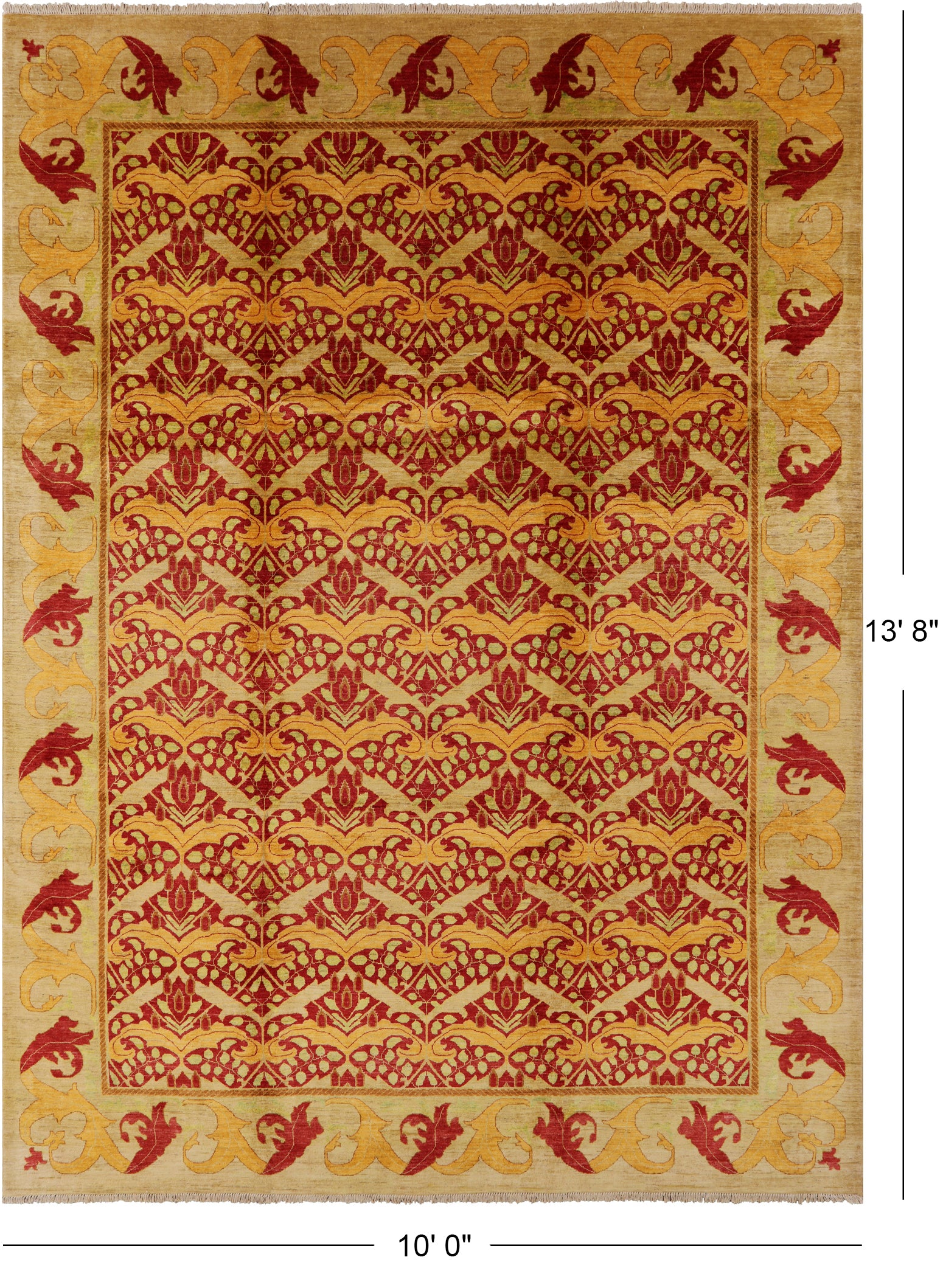 Red William Morris Hand Knotted Wool Rug - 10' 0" X 13' 8" - Golden Nile