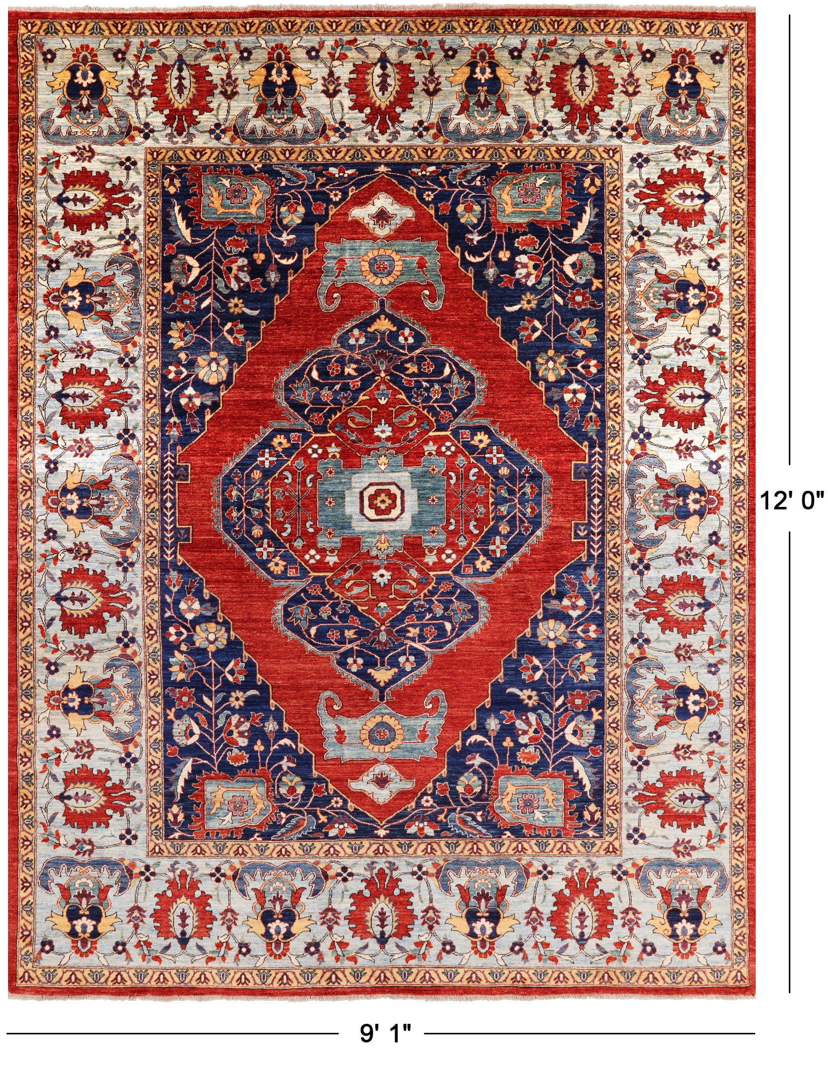 Red Fine Serapi Hand Knotted Wool Area Rug - 9' 1" X 12' 0" - Golden Nile