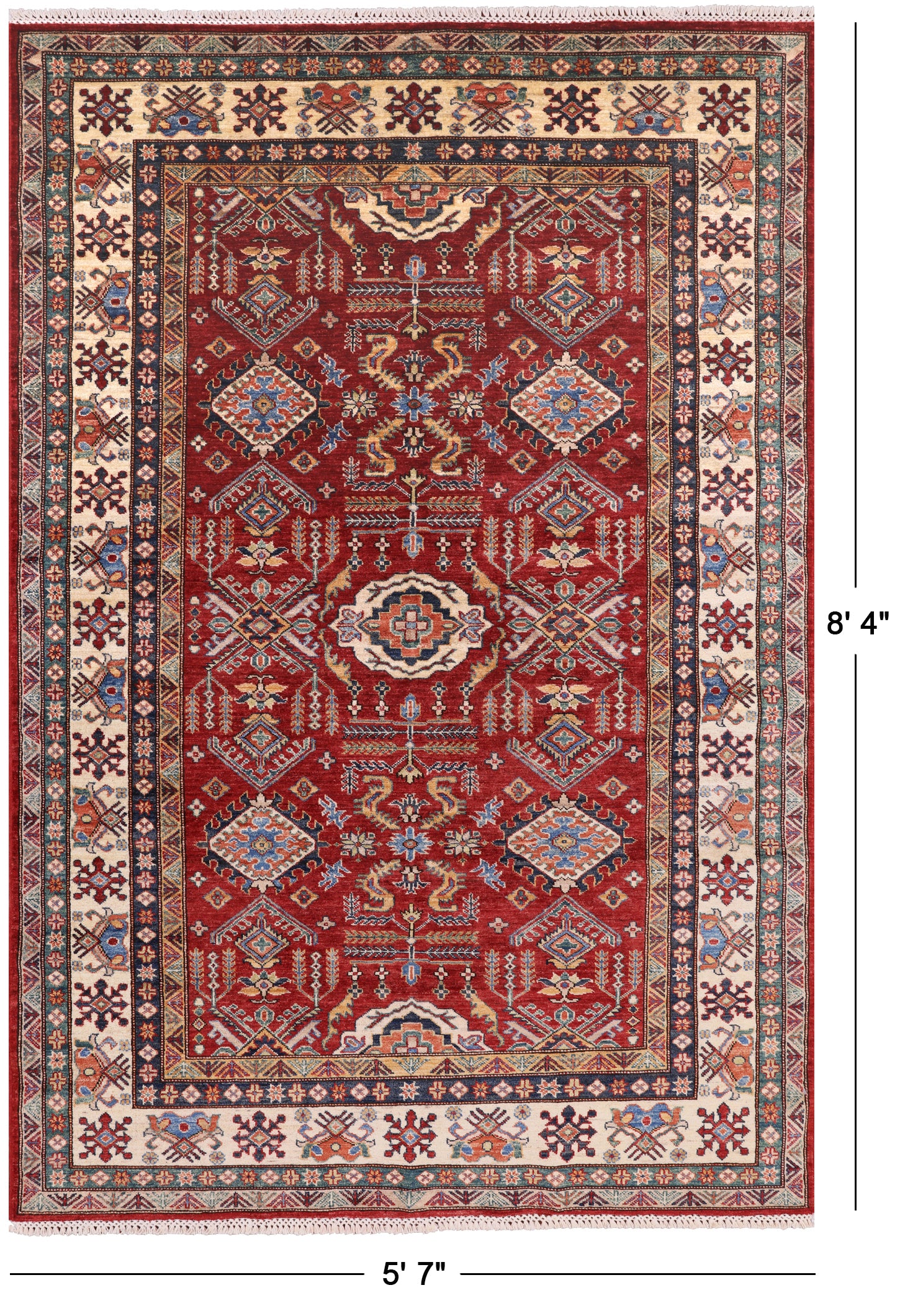 Red Super Kazak Hand Knotted Area Rug - 5' 7" X 8' 4" - Golden Nile