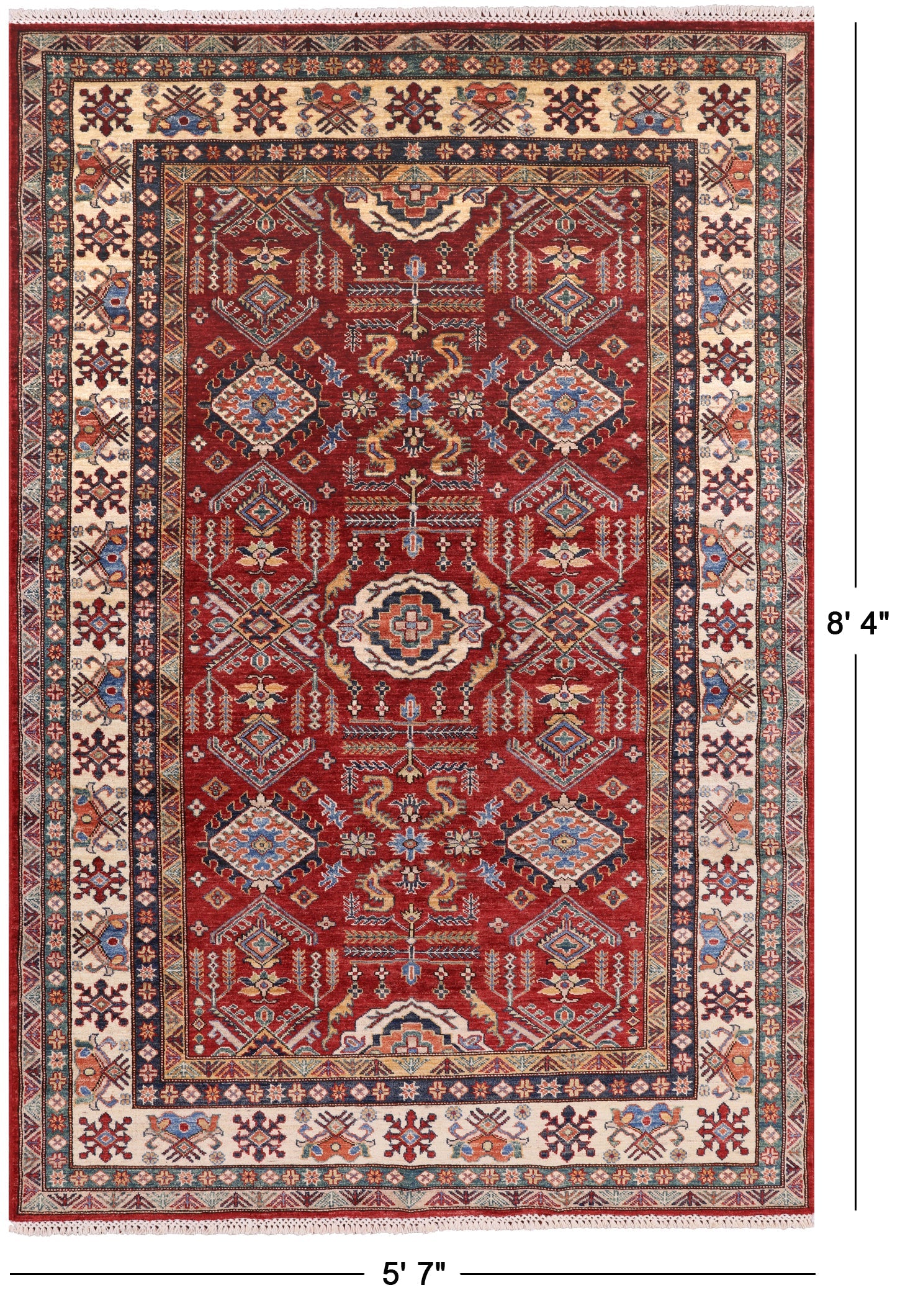 Red Super Kazak Hand Knotted Area Rug - 5' 7" X 8' 4" - Golden Nile