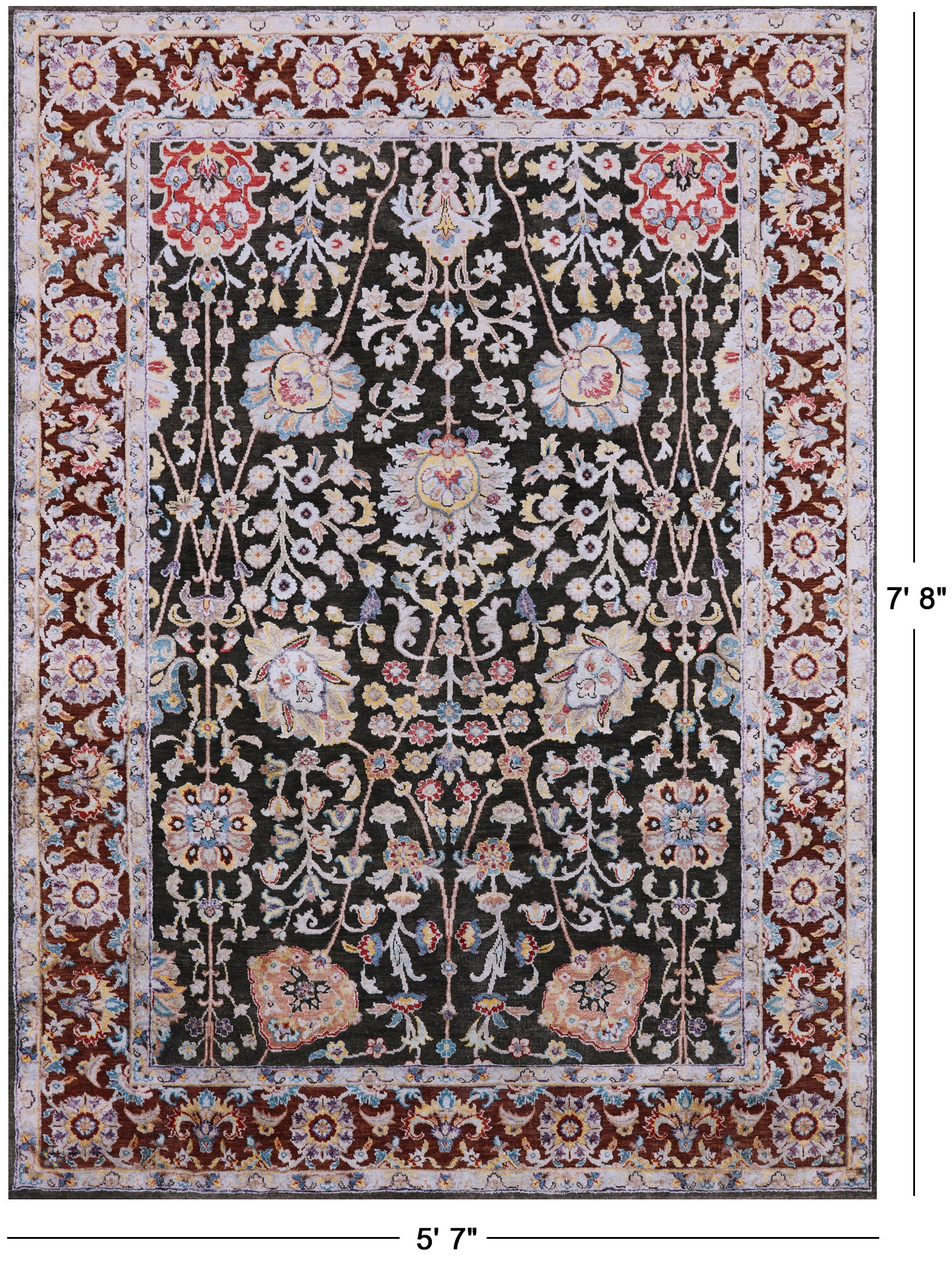 Grey Pure Silk With Oxidized Wool Hand Knotted Area Rug - 5' 7" X 7' 8" - Golden Nile