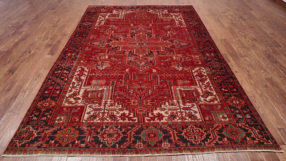Load video: Red Vintage Persian Heriz Serapi Hand-Knotted Wool Rug - 7' 9" X 10' 11"