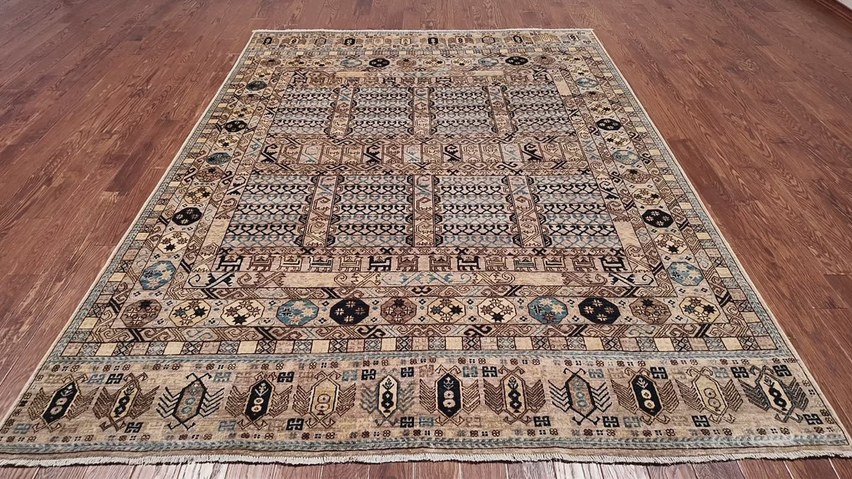 Load video: Grey Turkmen Ersari Handmade Wool Rug - 7' 11" X 9' 11"