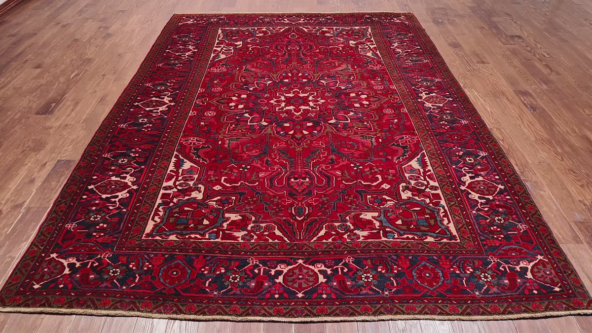 Load video: Red Vintage Persian Heriz Serapi Handmade Wool Rug - 8' 4" X 10' 4"