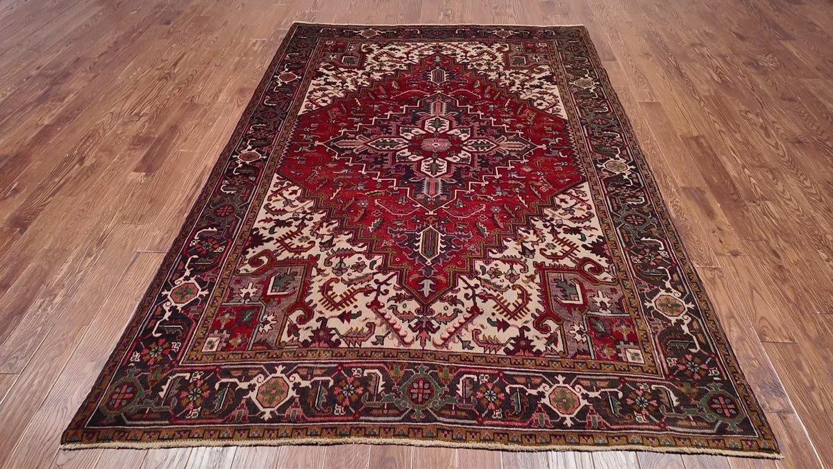 Load video: Red Vintage Persian Heriz Serapi Hand Knotted Wool Rug - 6' 9" X 9' 6"