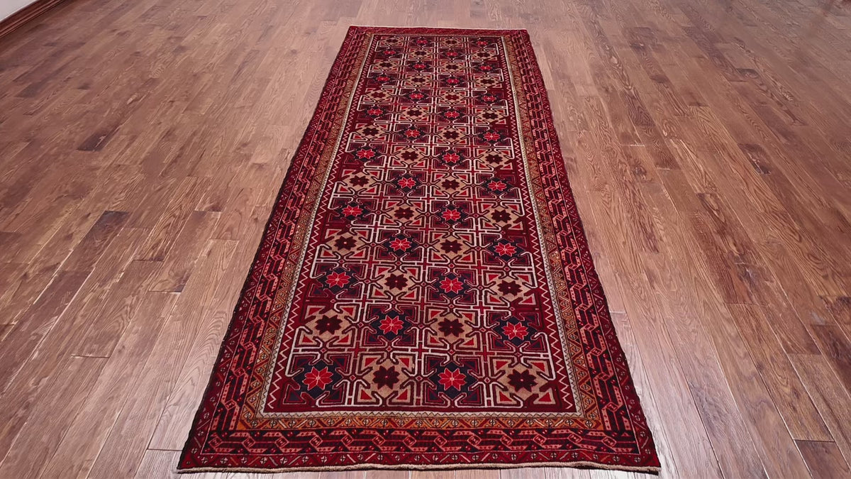 Load video: Red Vintage Persian Hand Knotted Wool Rug - 4' 6" X 10' 8"