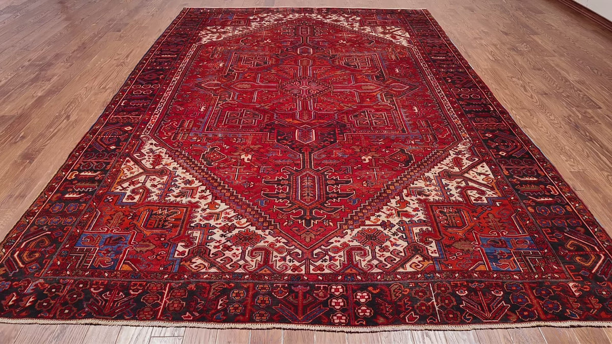 Load video: Red Vintage Persian Heriz Serapi Hand-Knotted Wool Rug - 9' 6" X 12' 7"