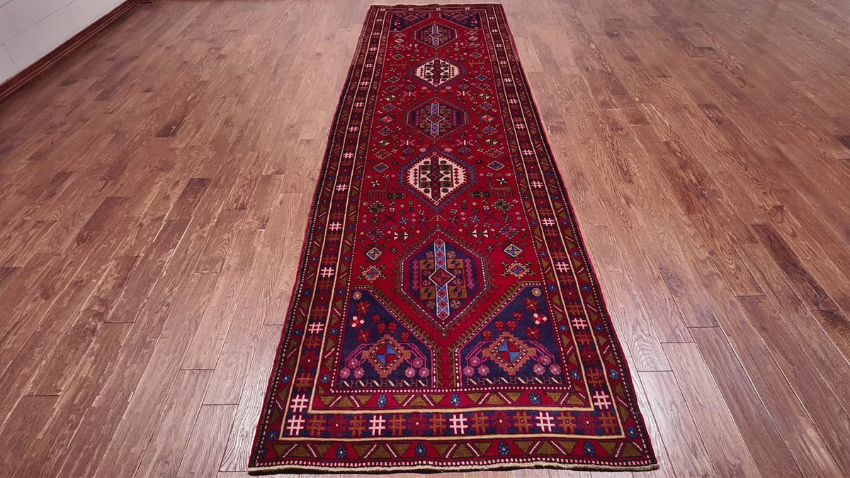 Load video: Red Vintage Persian Handmade Wool Runner Rug - 4' 4" X 14' 7"