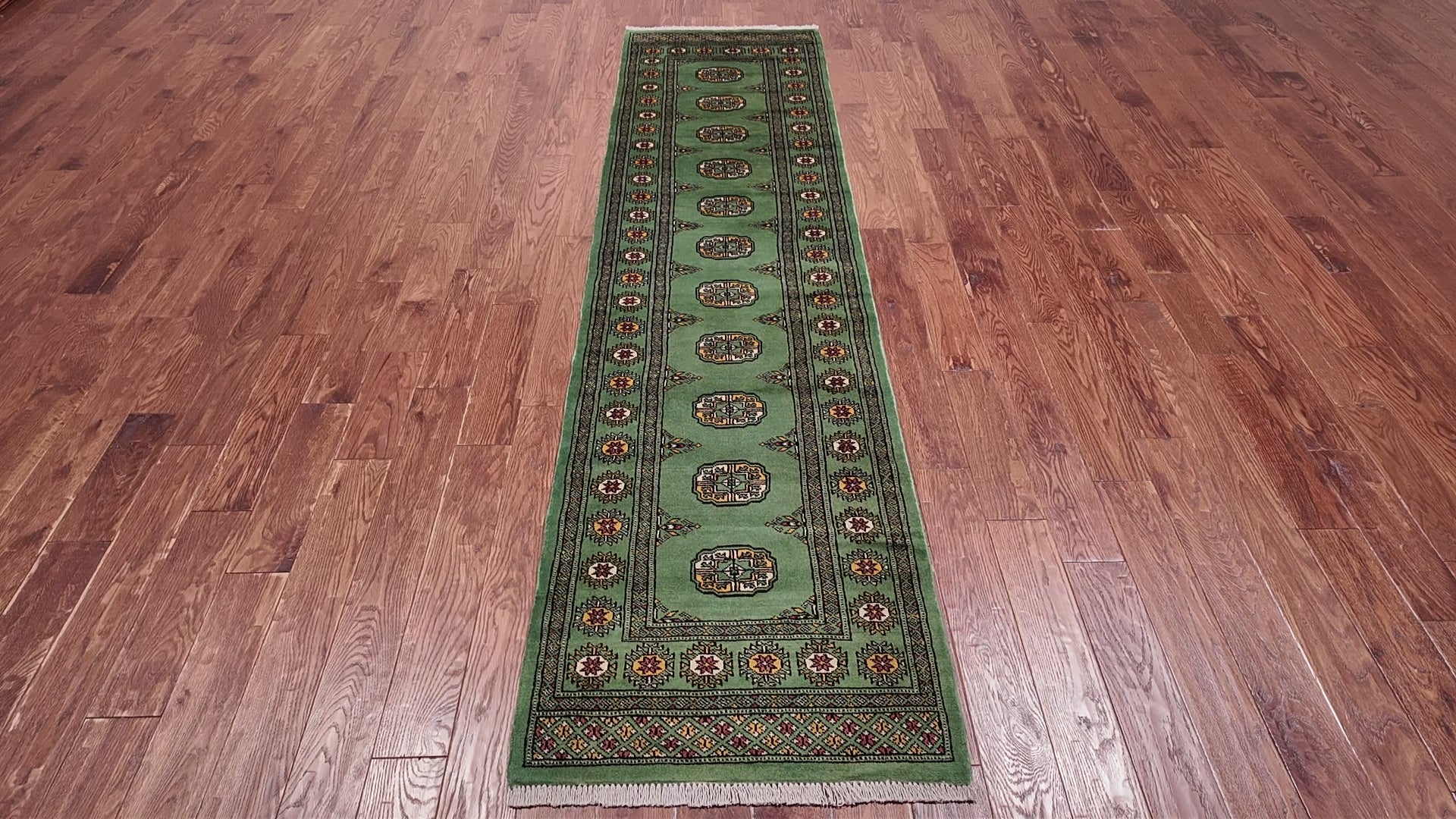 Load video: Green Bokhara Handmade Wool Runner Rug - 2' 6" X 9' 9"