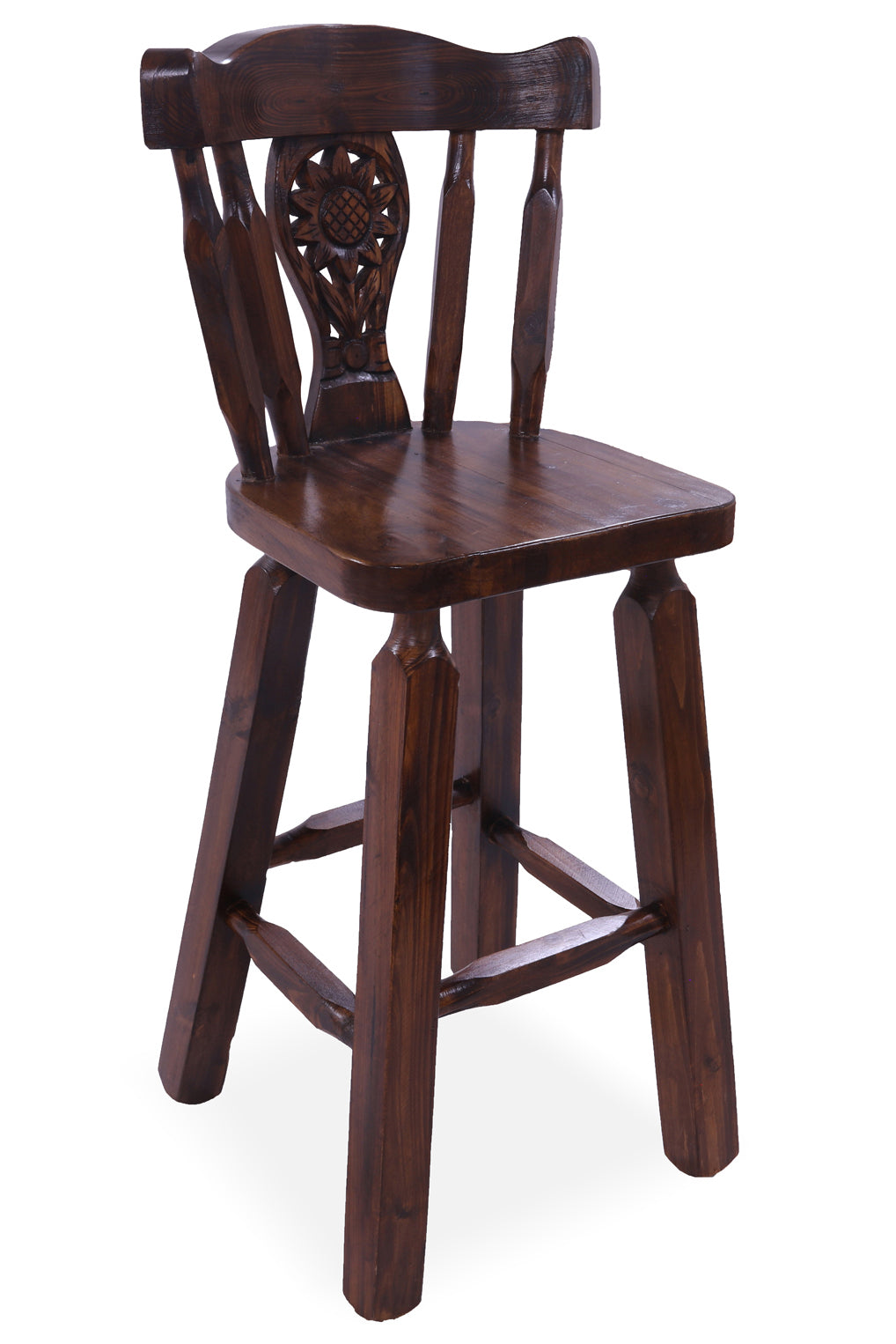 Reclaimed Wood Bar & Counter Stool - Handcarved Back Sunflower - Golden Nile