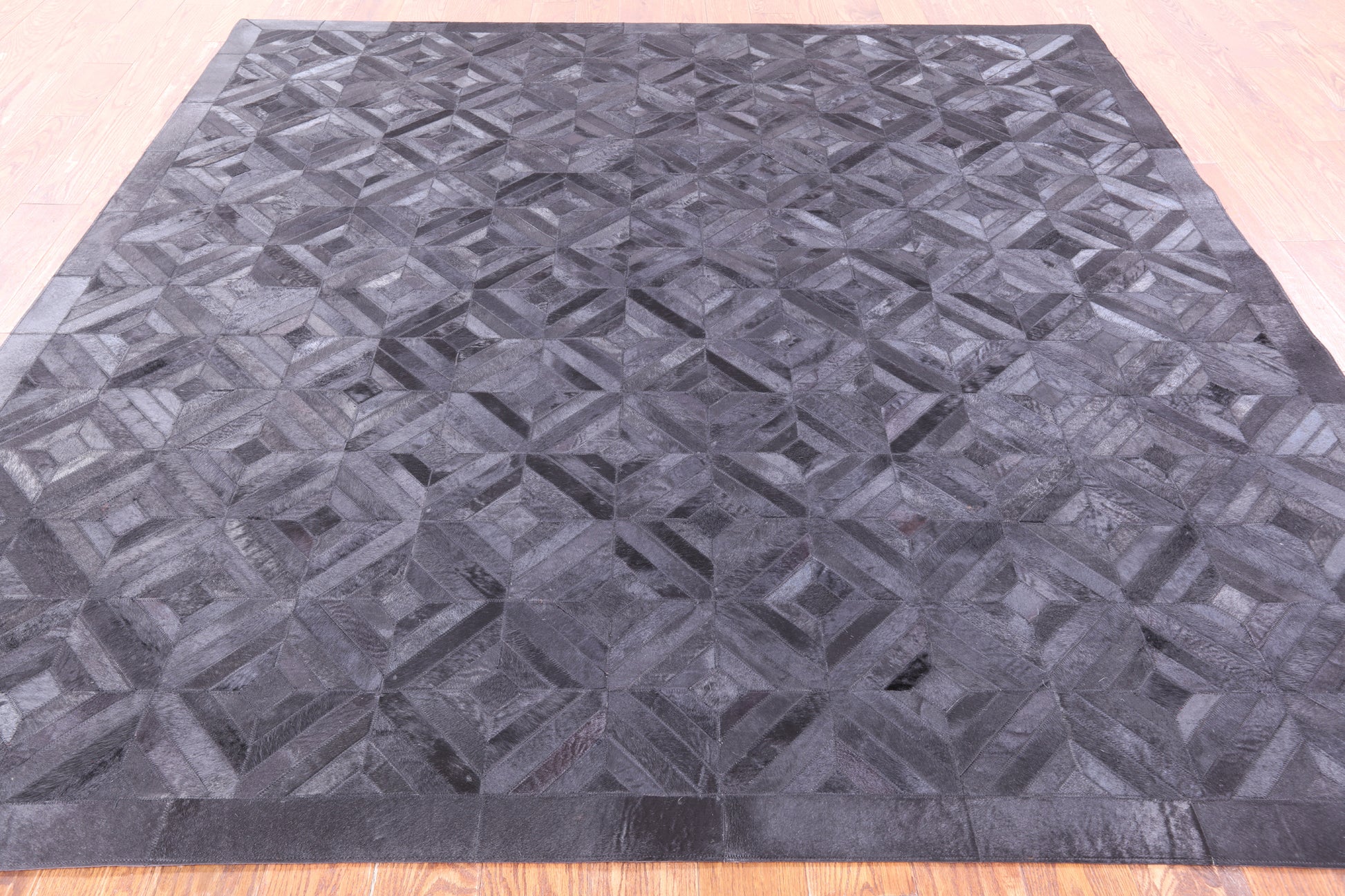 Black Square Natural Cowhide Hand Stitched Patchwork Rug - 8' 0" X 8' 0" - Golden Nile