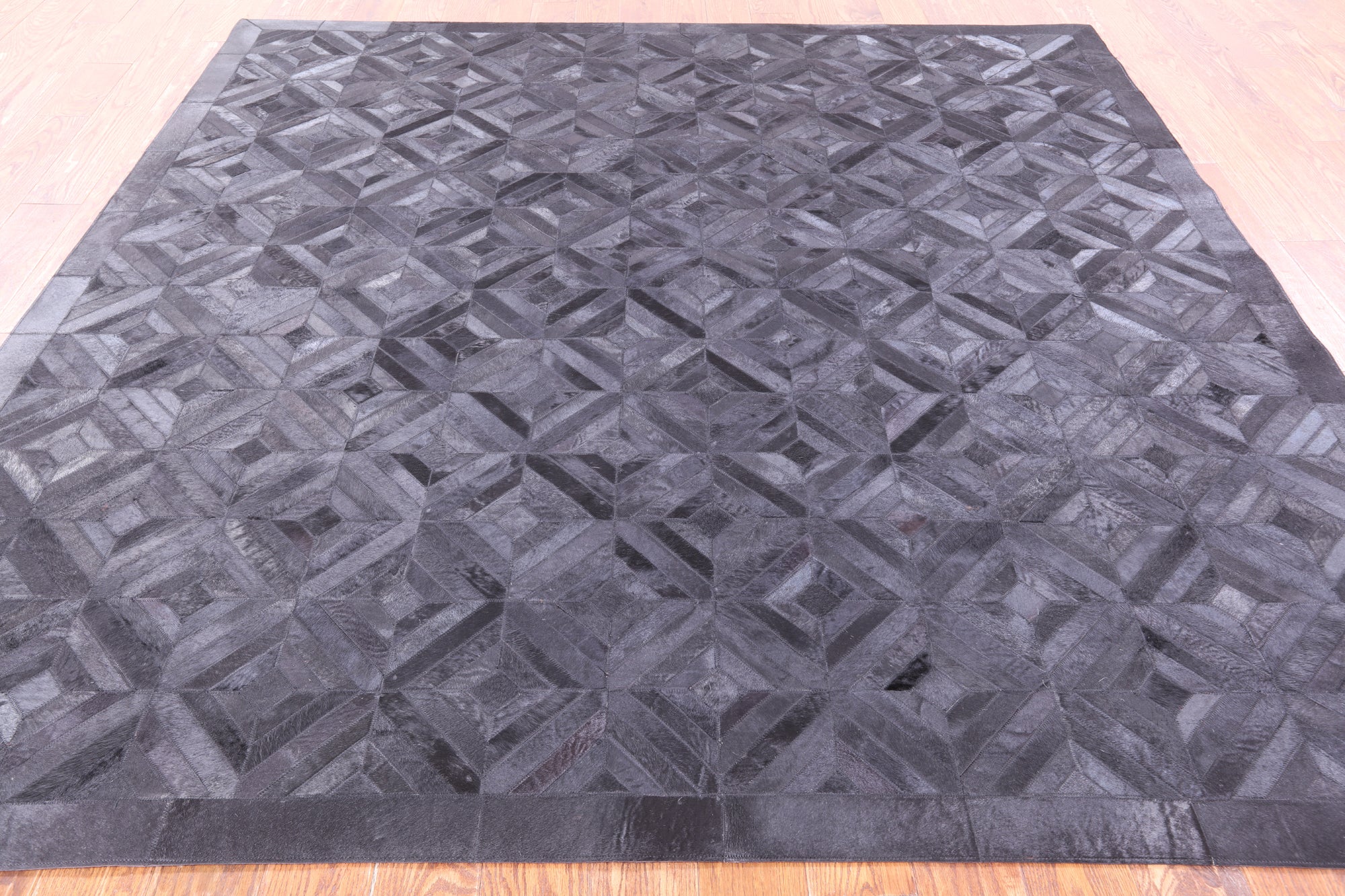 Black Square Natural Cowhide Hand Stitched Patchwork Rug - 8' 0" X 8' 0" - Golden Nile