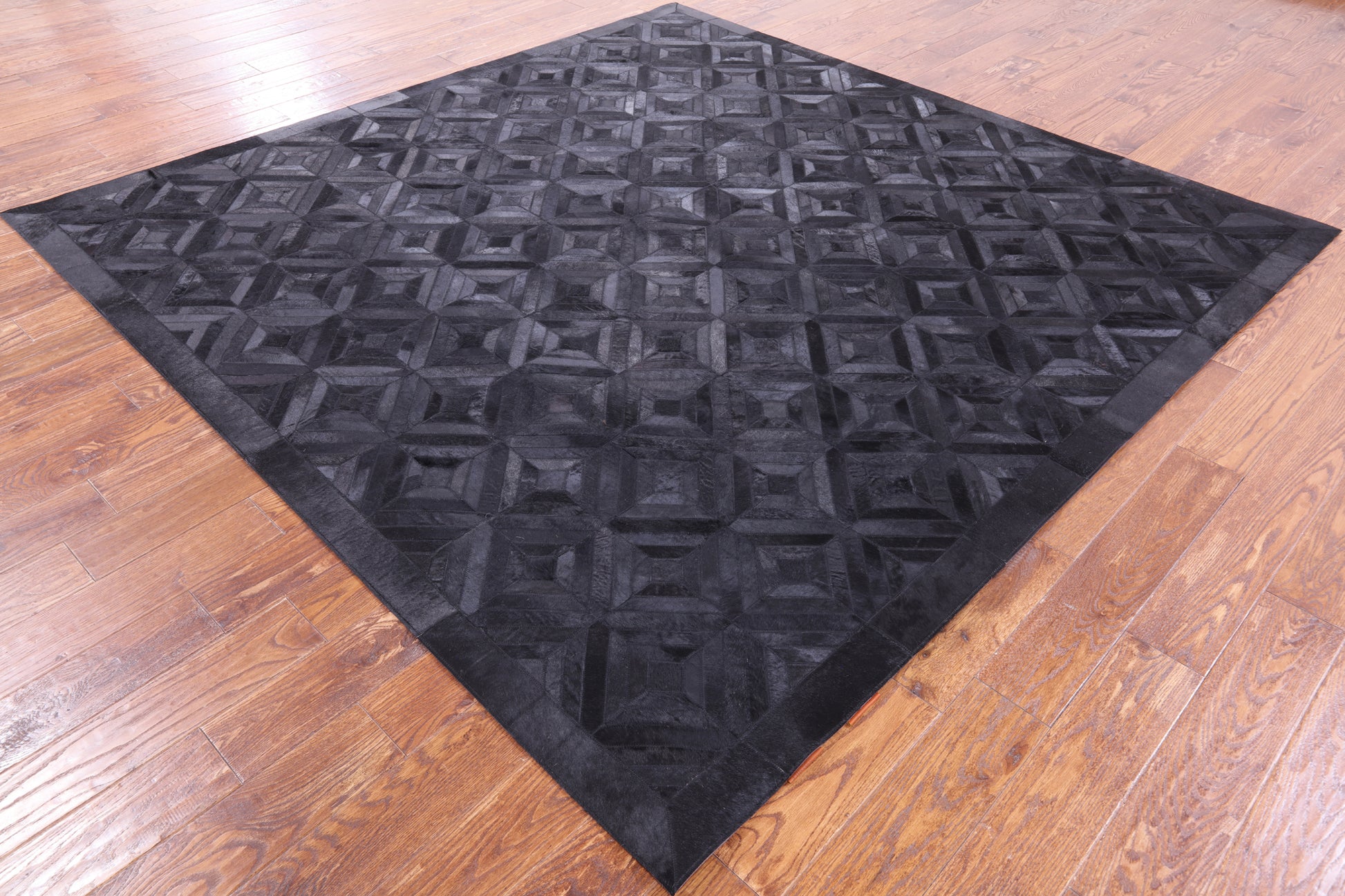 Black Square Natural Cowhide Hand Stitched Patchwork Rug - 8' 0" X 8' 0" - Golden Nile