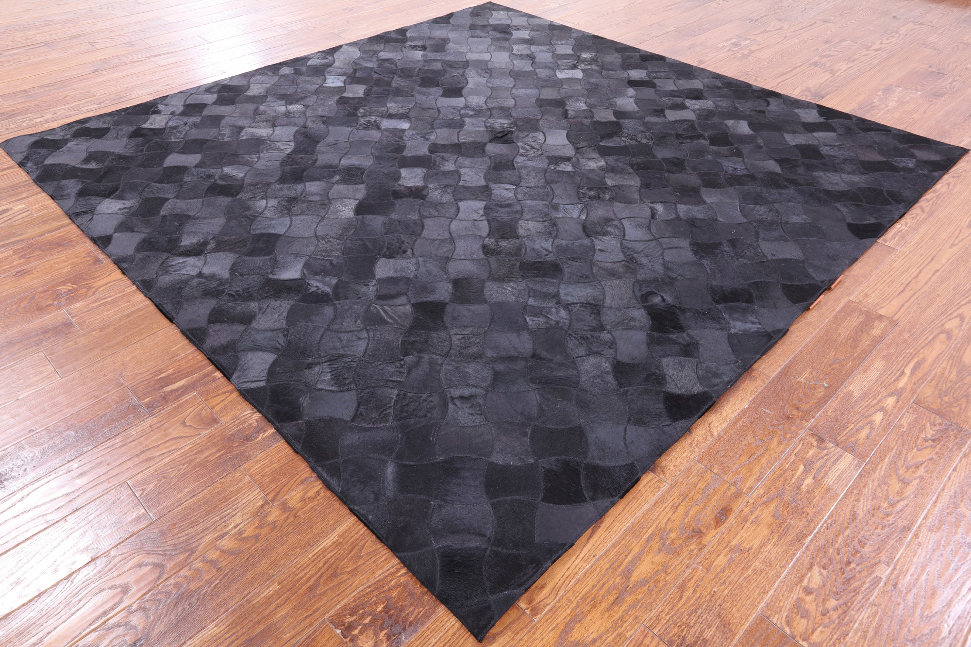 Black Square Natural Cowhide Hand Stitched Patchwork Rug - 8' 0" X 8' 0" - Golden Nile