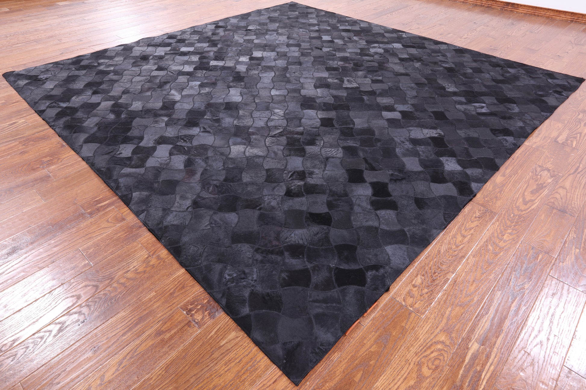 Black Square Natural Cowhide Hand Stitched Patchwork Rug - 10' 0" X 10' 0" - Golden Nile