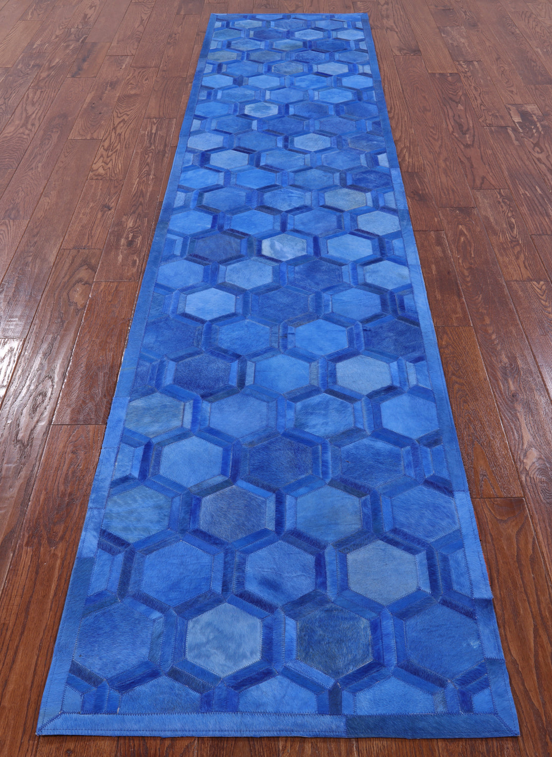 Blue Natural Cowhide Hand Stitched Patchwork Runner Rug - 2' 5" X 12' 0" - Golden Nile