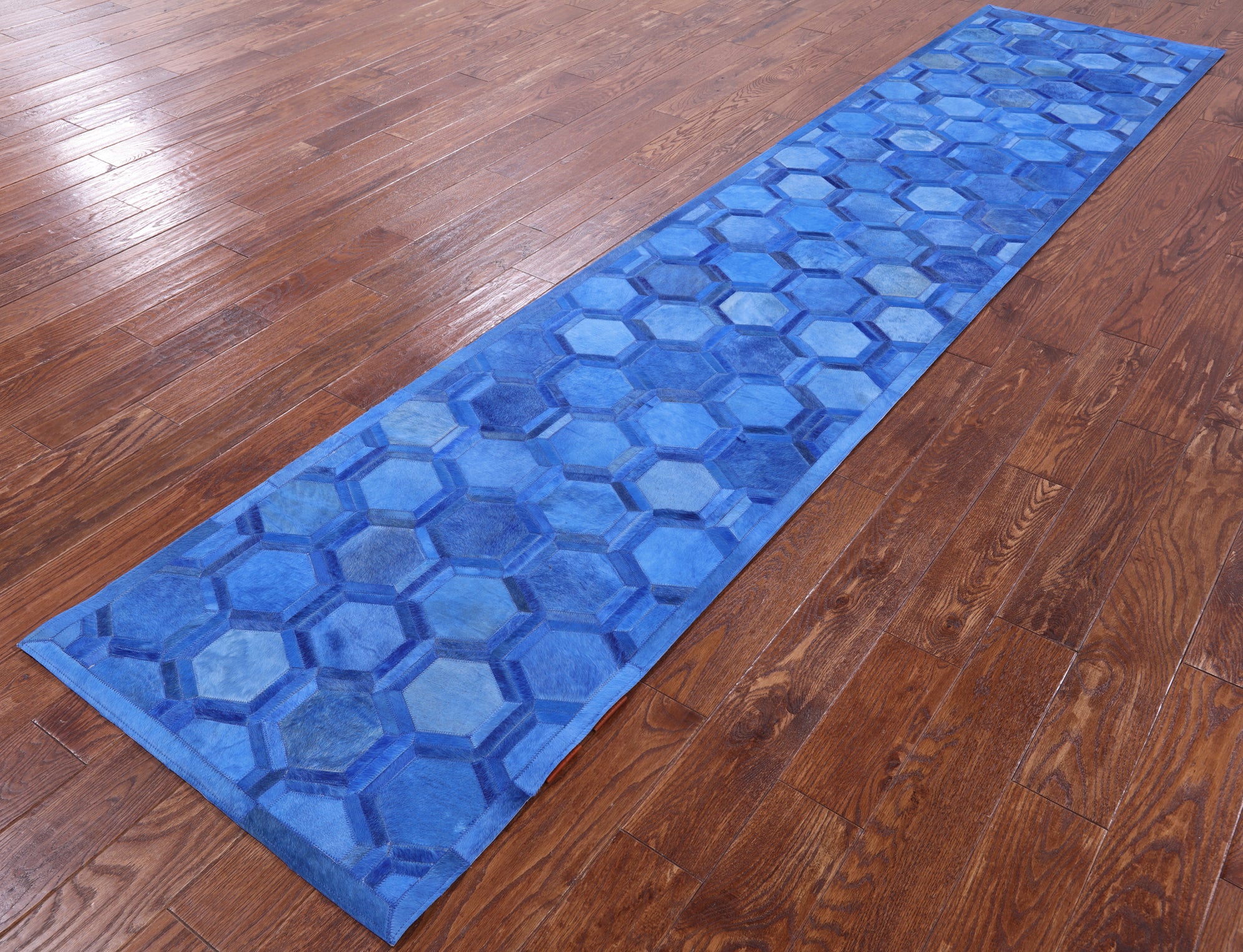 Blue Natural Cowhide Hand Stitched Patchwork Runner Rug - 2' 5" X 12' 0" - Golden Nile
