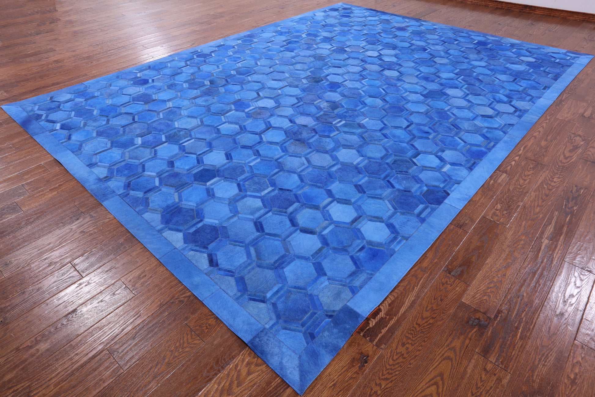 Blue Natural Cowhide Hand Stitched Patchwork Rug - 10' 0" X 14' 0" - Golden Nile