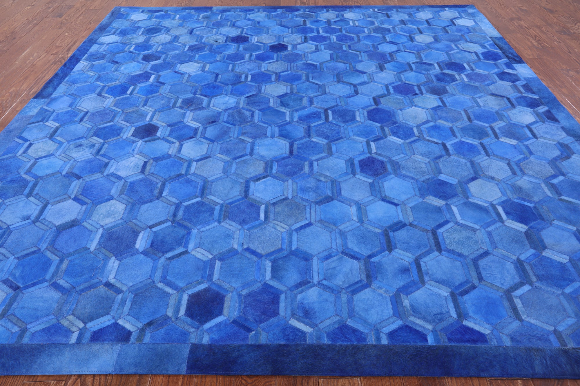 Blue Square Natural Cowhide Hand Stitched Patchwork Rug - 10' 0" X 10' 0" - Golden Nile
