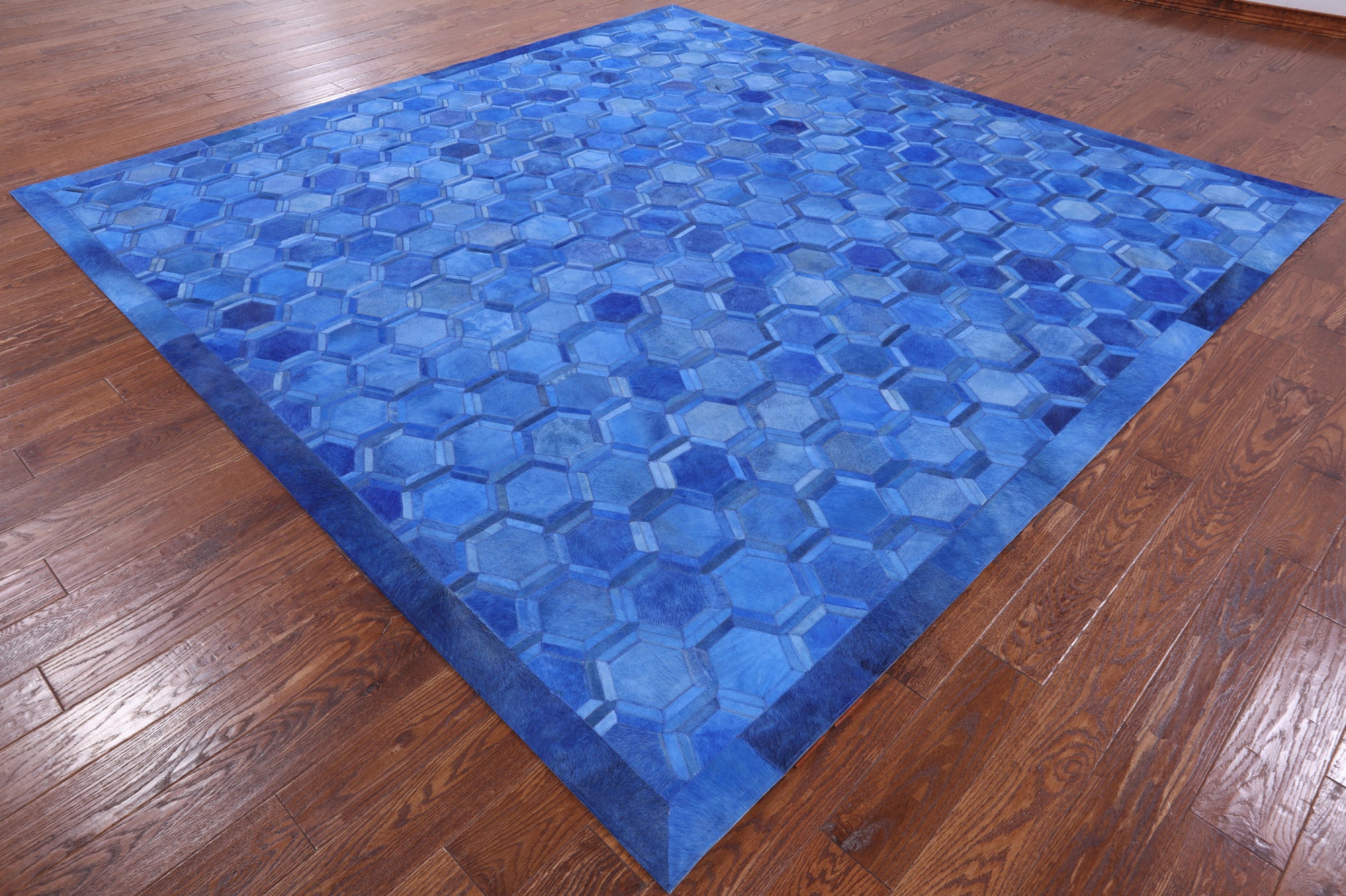 Blue Square Natural Cowhide Hand Stitched Patchwork Rug - 10' 0" X 10' 0" - Golden Nile