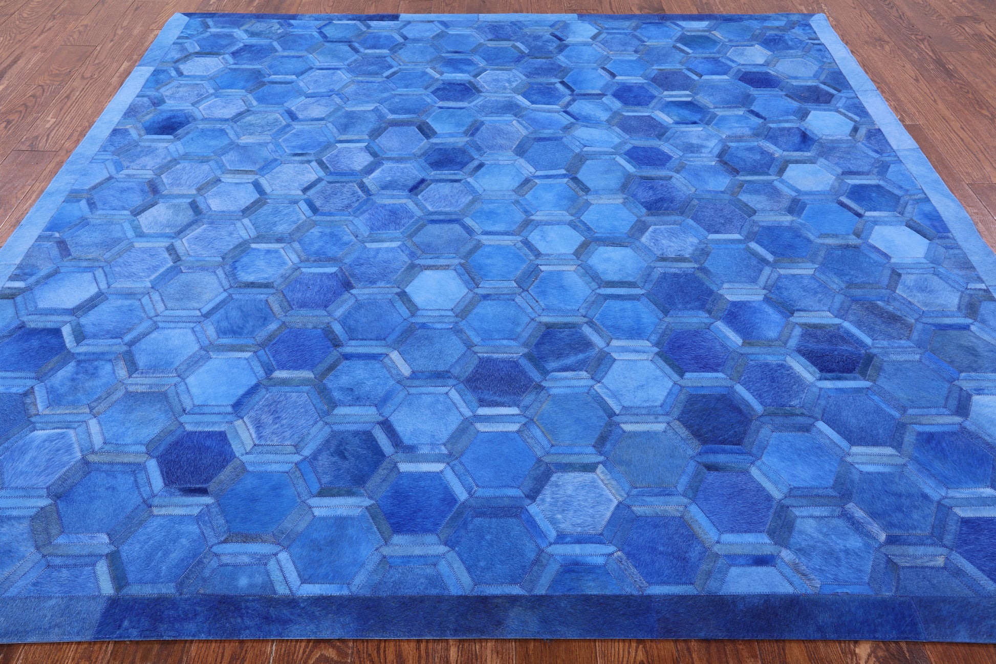 Blue Square Natural Cowhide Hand Stitched Patchwork Rug - 8' 0" X 8' 0" - Golden Nile