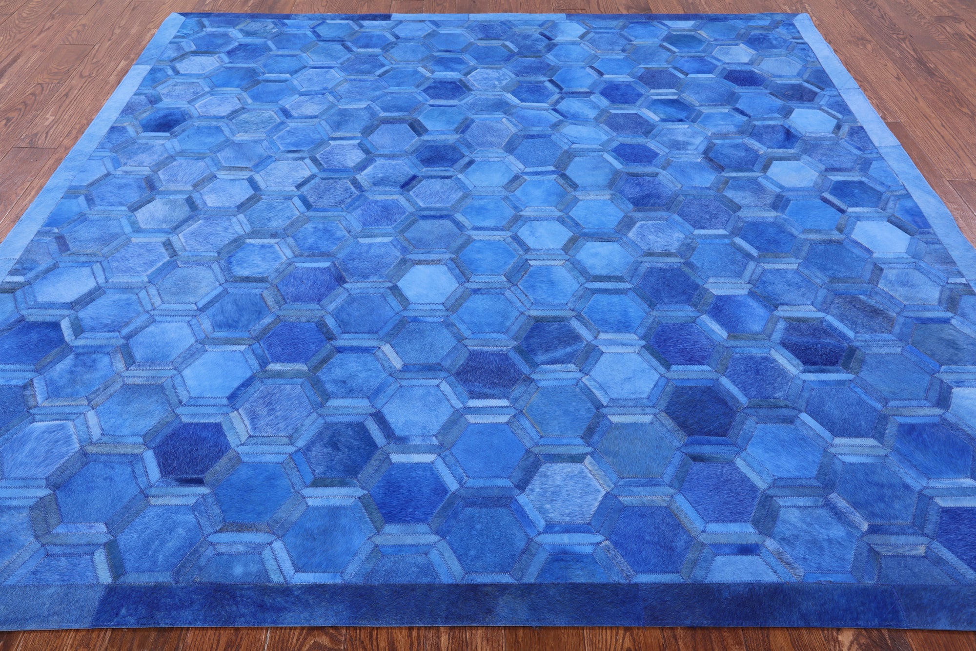 Blue Square Natural Cowhide Hand Stitched Patchwork Rug - 8' 0" X 8' 0" - Golden Nile