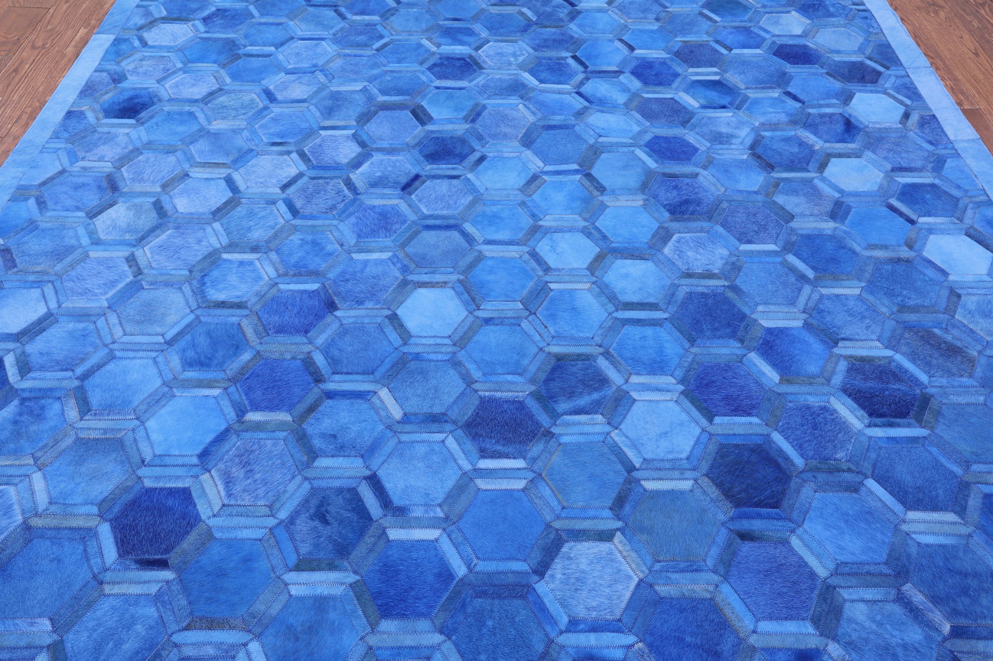 Blue Square Natural Cowhide Hand Stitched Patchwork Rug - 8' 0" X 8' 0" - Golden Nile