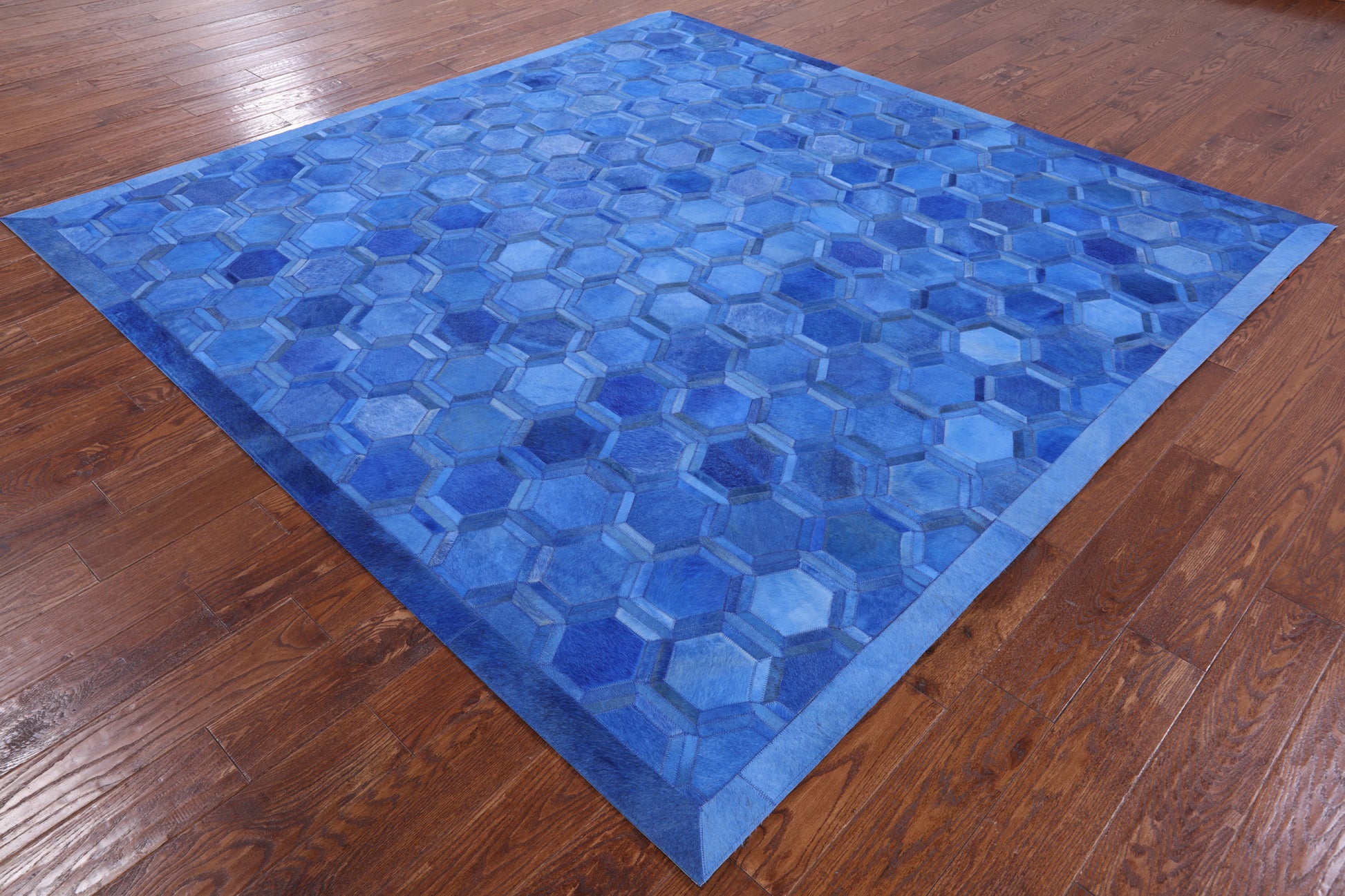 Blue Square Natural Cowhide Hand Stitched Patchwork Rug - 8' 0" X 8' 0" - Golden Nile