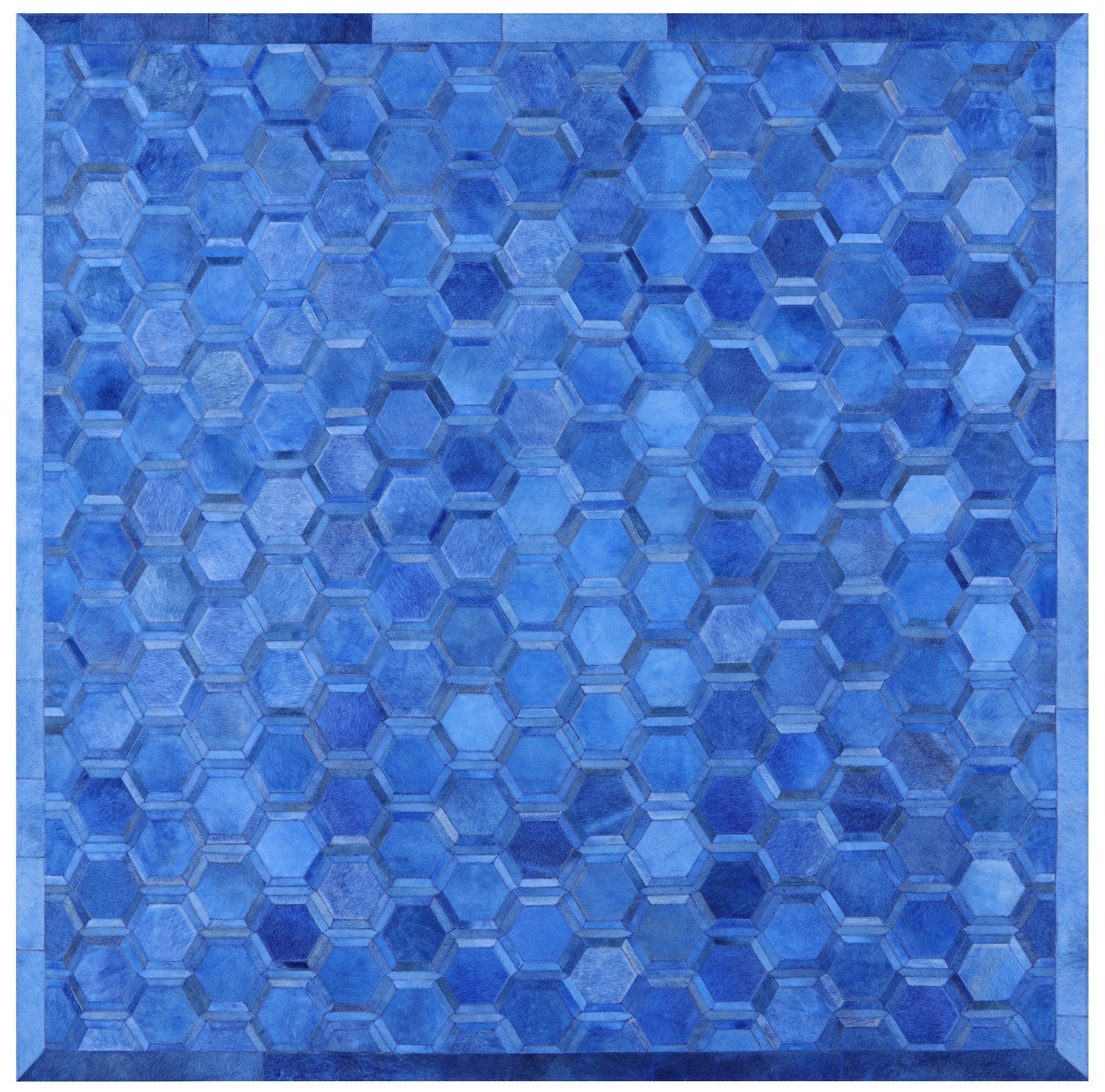 Blue Square Natural Cowhide Hand Stitched Patchwork Rug - 8' 0" X 8' 0" - Golden Nile