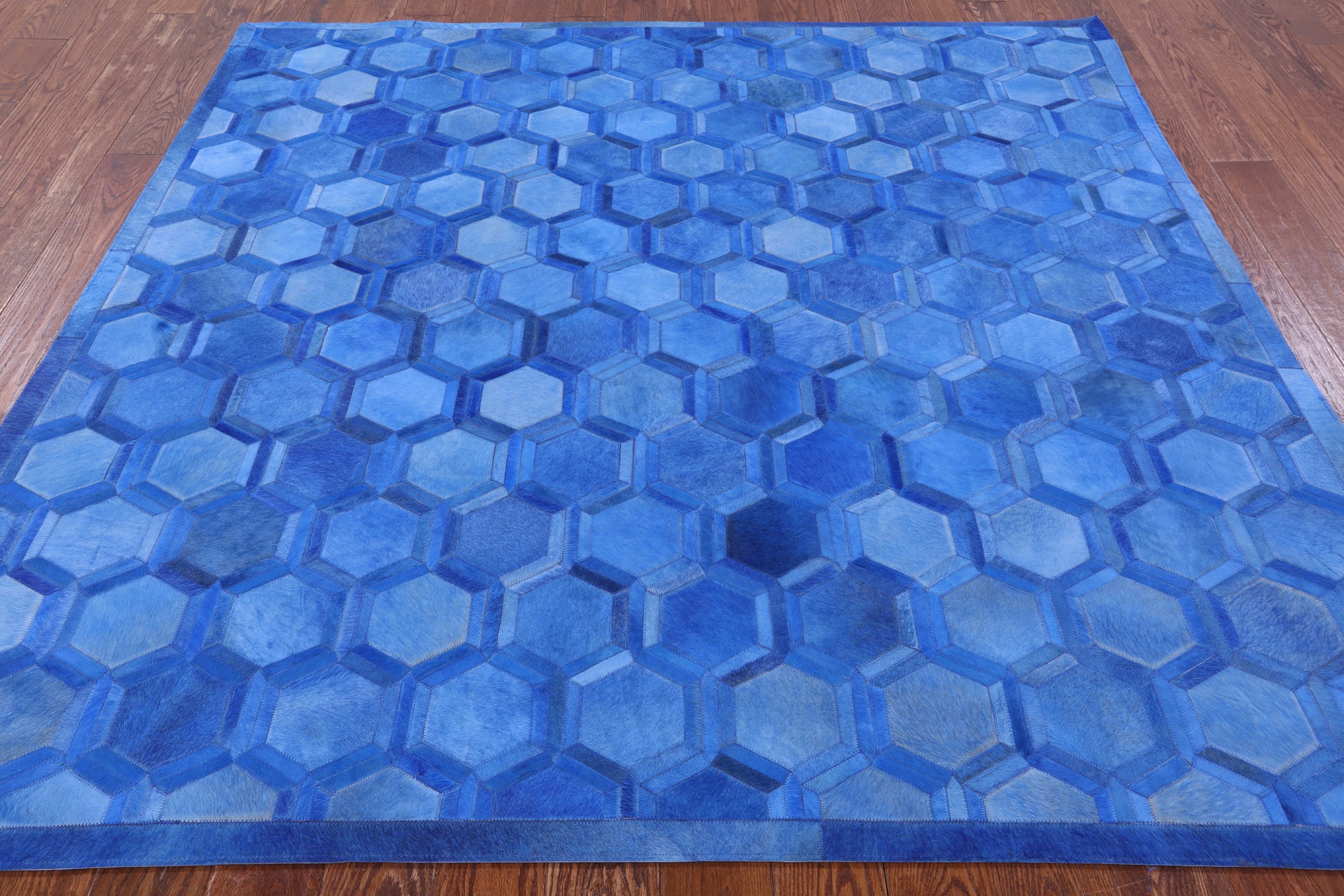 Blue Square Natural Cowhide Hand Stitched Patchwork Rug - 7' 0" X 7' 0" - Golden Nile