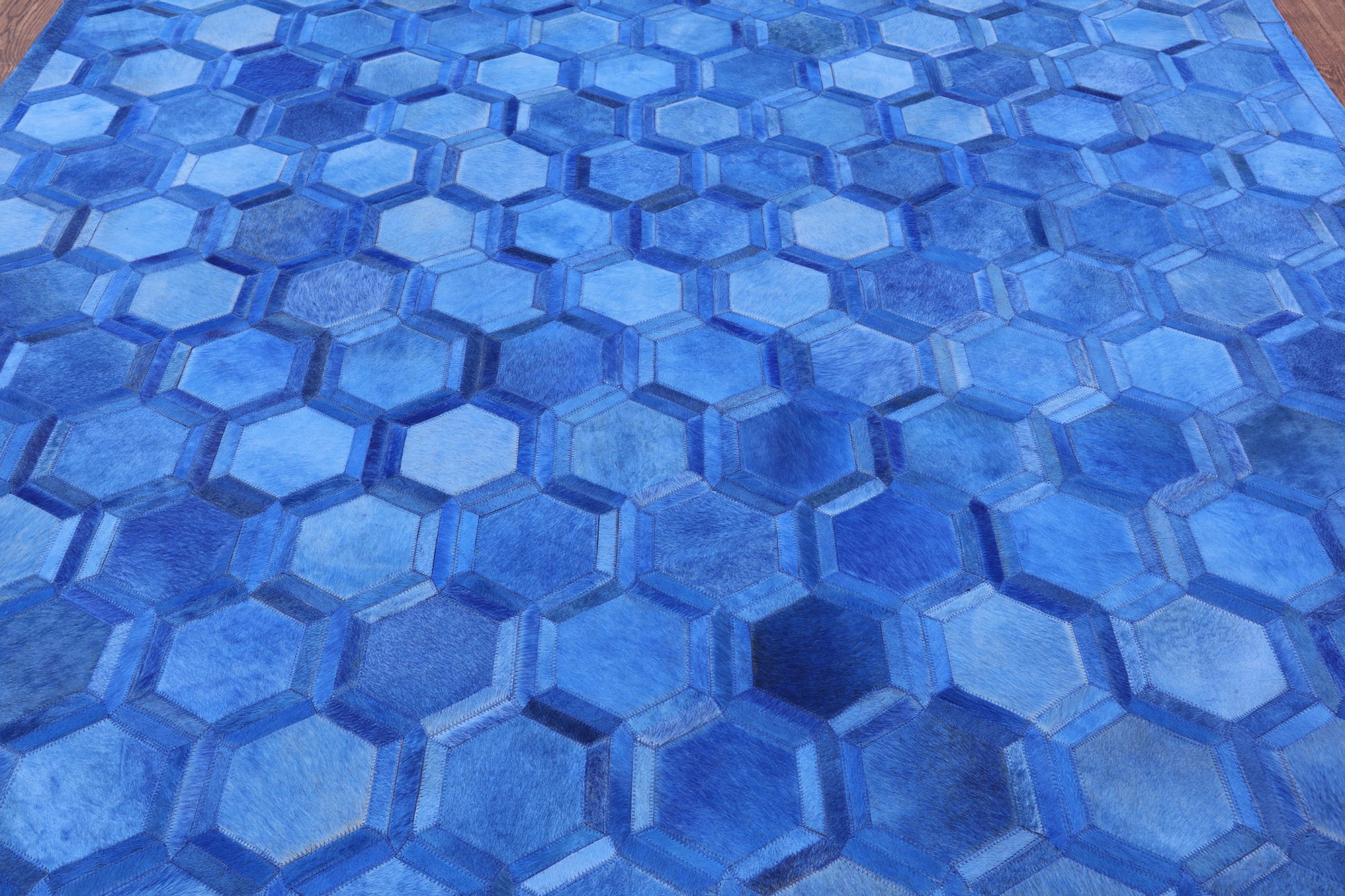 Blue Square Natural Cowhide Hand Stitched Patchwork Rug - 7' 0" X 7' 0" - Golden Nile