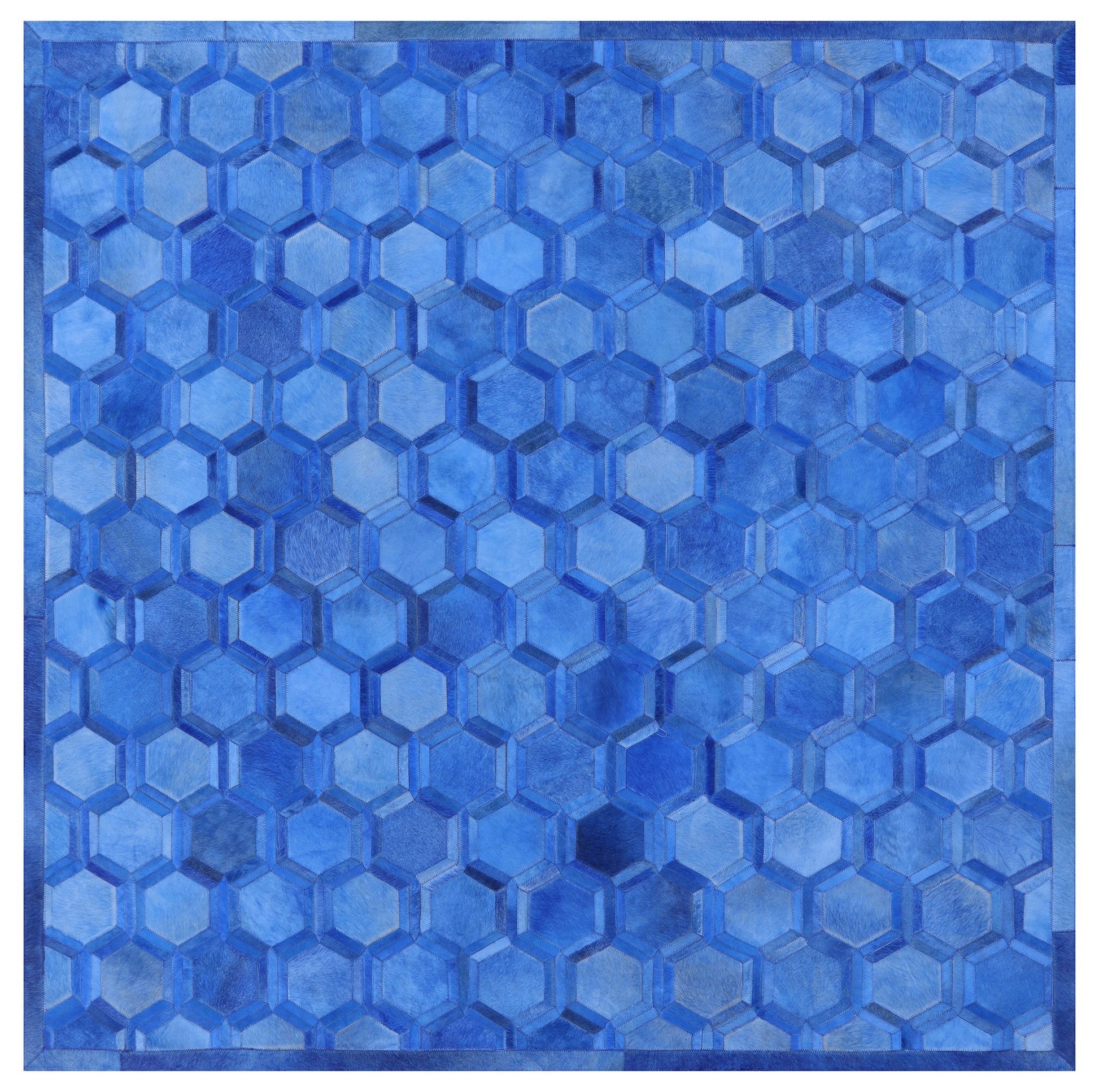 Blue Square Natural Cowhide Hand Stitched Patchwork Rug - 7' 0" X 7' 0" - Golden Nile