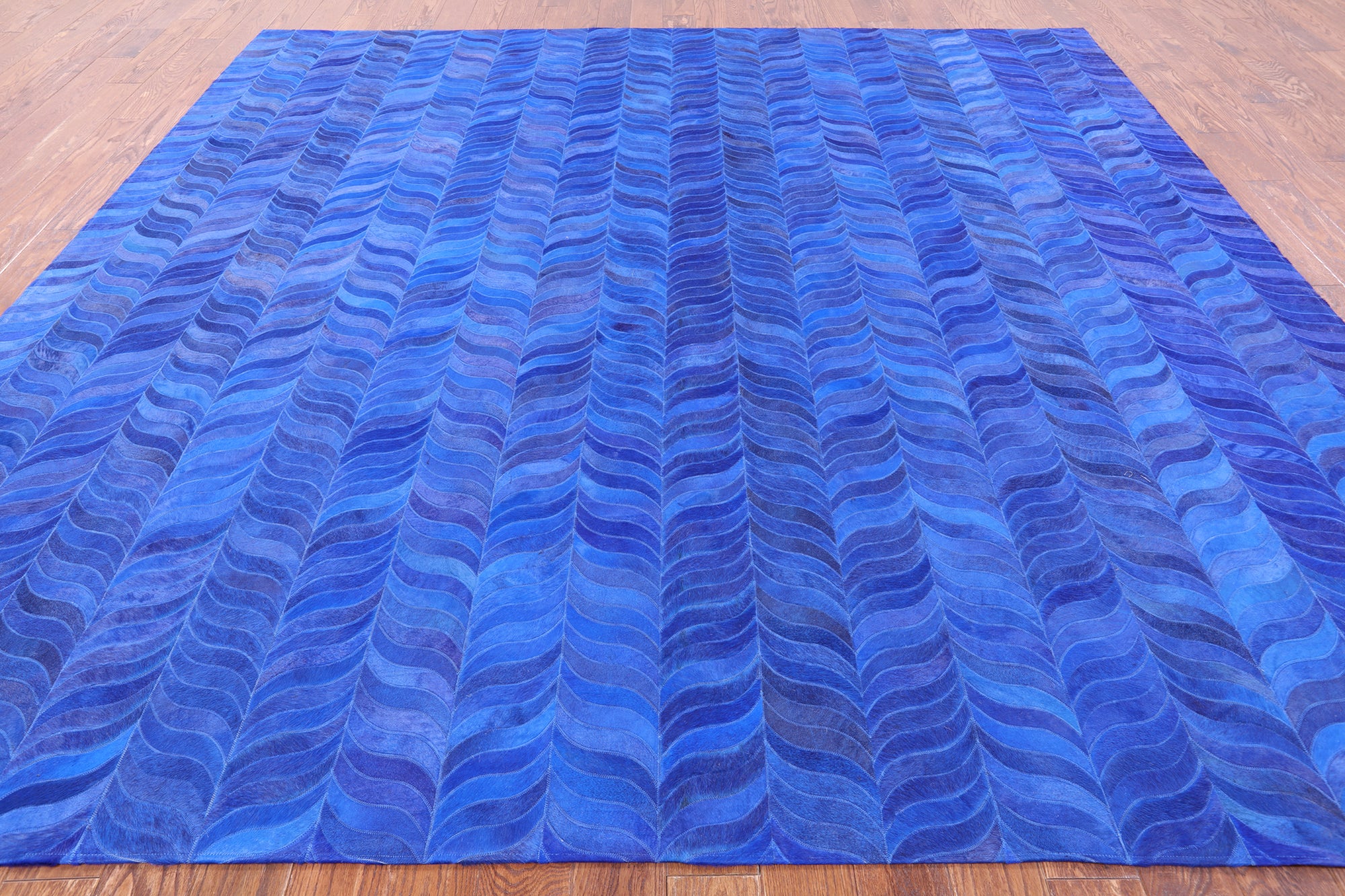 Blue Square Natural Cowhide Hand Stitched Patchwork Rug - 10' 0" X 10' 0" - Golden Nile