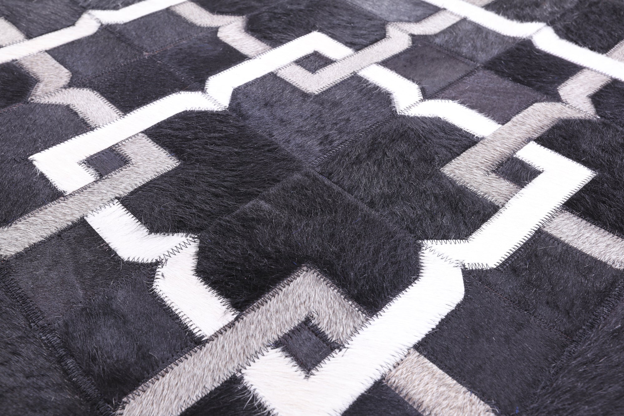 Black Square Natural Cowhide Hand Stitched Patchwork Rug - 7' 0" X 7' 0" - Golden Nile