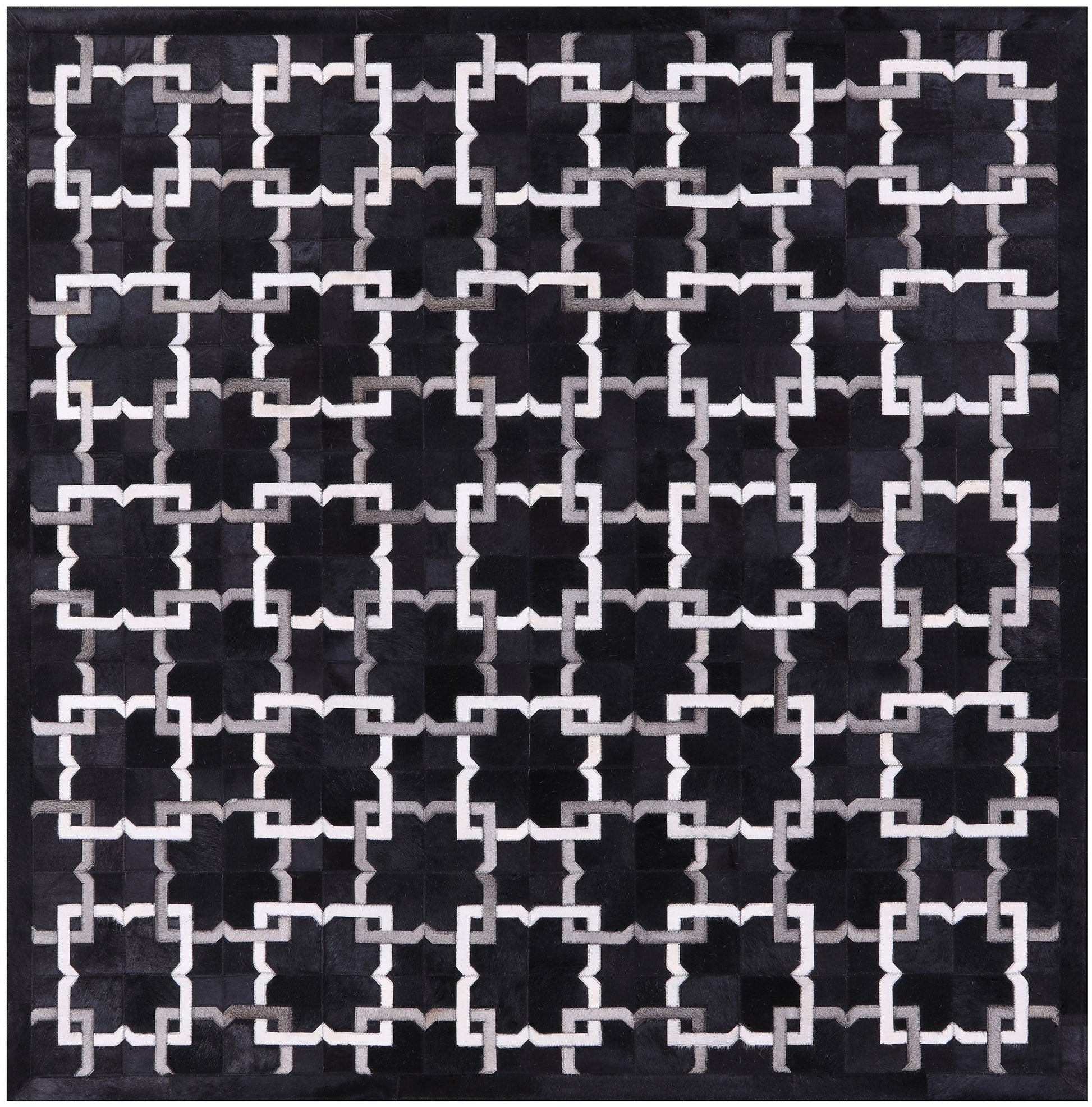 Black Square Natural Cowhide Hand Stitched Patchwork Rug - 7' 0" X 7' 0" - Golden Nile