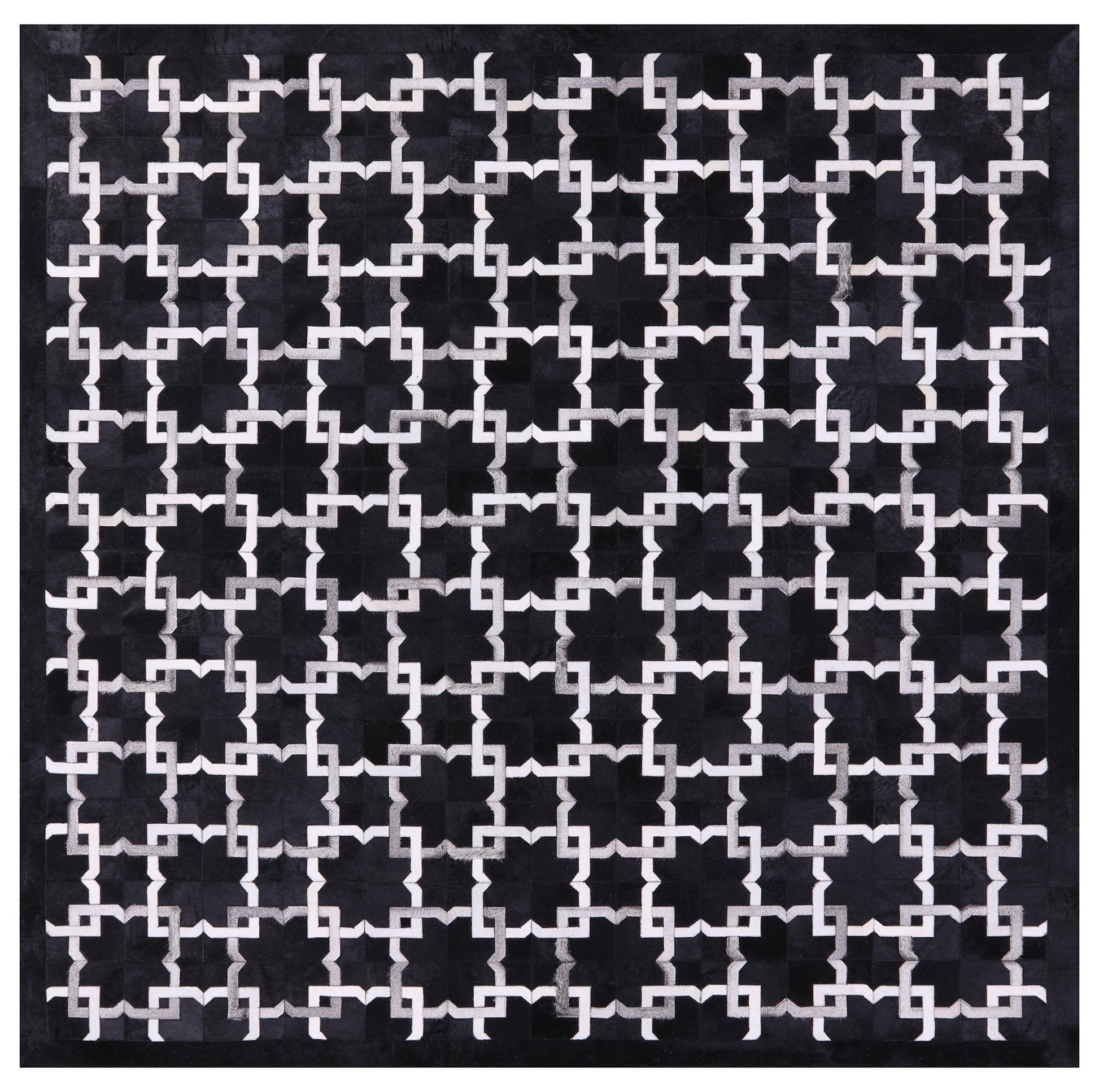 Black Square Natural Cowhide Hand Stitched Patchwork Rug - 8' 0" X 8' 0" - Golden Nile