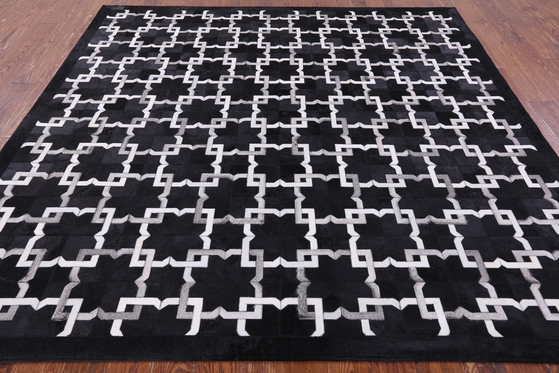 Black Square Natural Cowhide Hand Stitched Patchwork Rug - 8' 0" X 8' 0" - Golden Nile