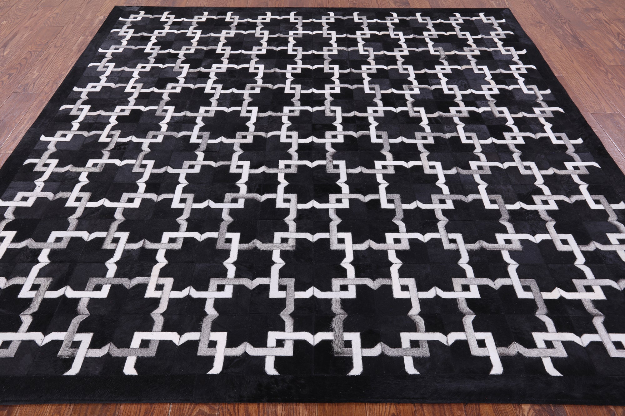 Black Square Natural Cowhide Hand Stitched Patchwork Rug - 8' 0" X 8' 0" - Golden Nile