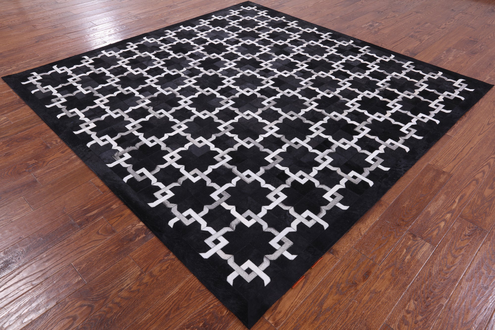 Black Square Natural Cowhide Hand Stitched Patchwork Rug - 8' 0" X 8' 0" - Golden Nile