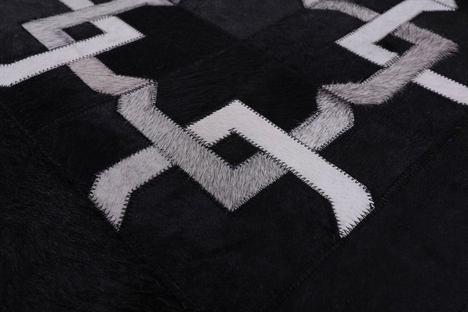Black Square Natural Cowhide Hand Stitched Patchwork Rug - 8' 0" X 8' 0" - Golden Nile