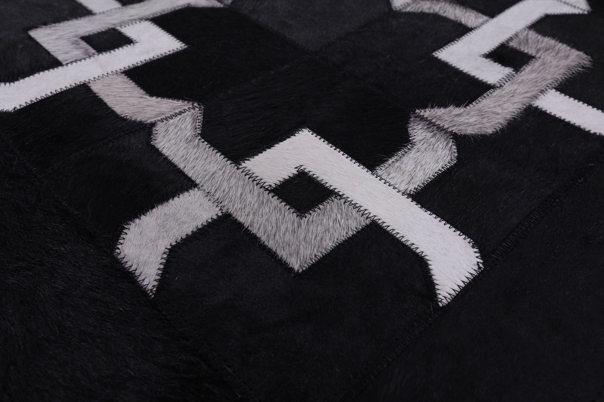 Black Square Natural Cowhide Hand Stitched Patchwork Rug - 8' 0" X 8' 0" - Golden Nile