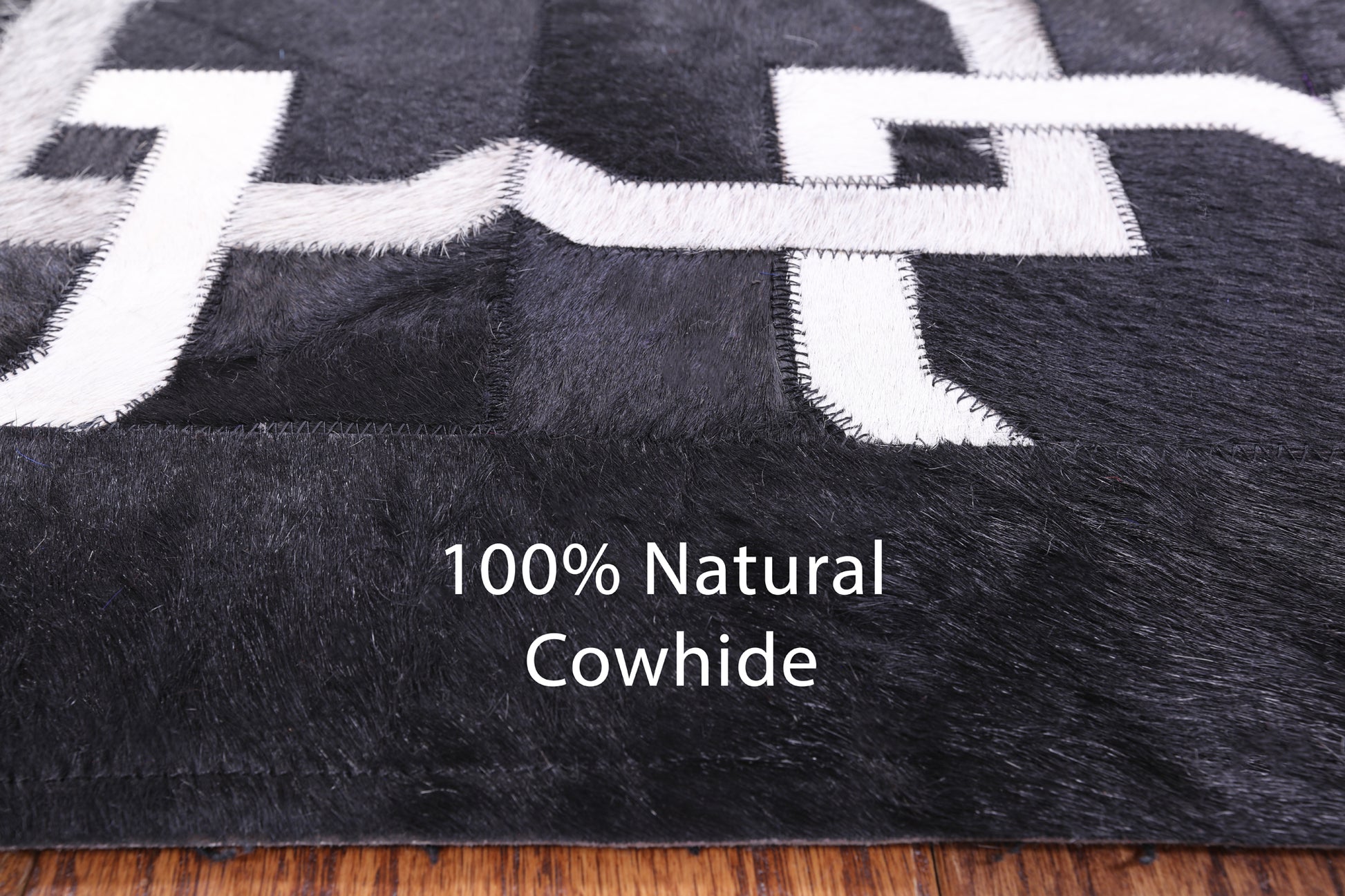 Black Square Natural Cowhide Hand Stitched Patchwork Rug - 8' 0" X 8' 0" - Golden Nile