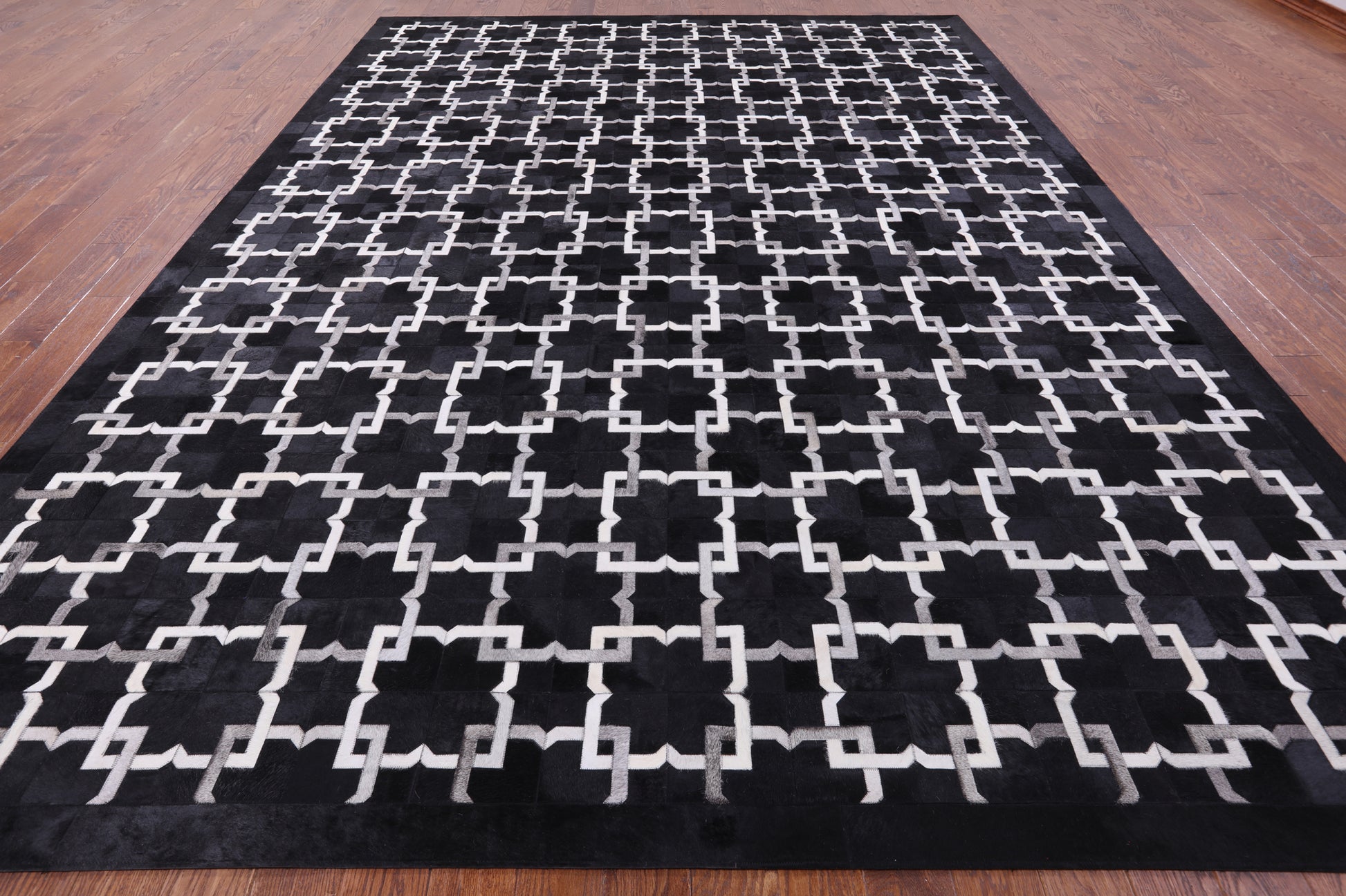 Black Natural Cowhide Hand Stitched Patchwork Rug - 10' 0" X 14' 0" - Golden Nile