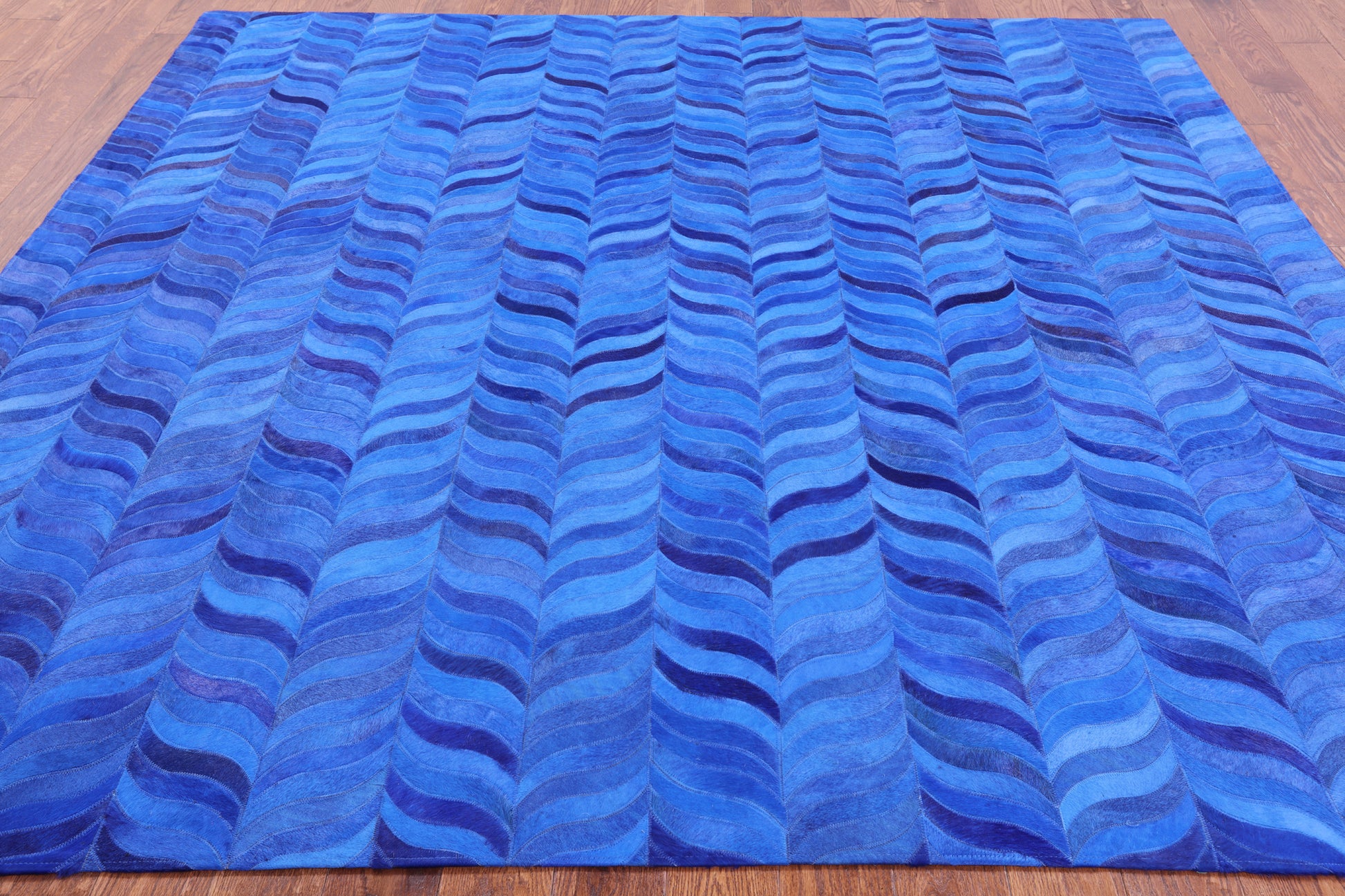 Blue Square Natural Cowhide Hand Stitched Patchwork Rug - 8' 0" X 8' 0" - Golden Nile