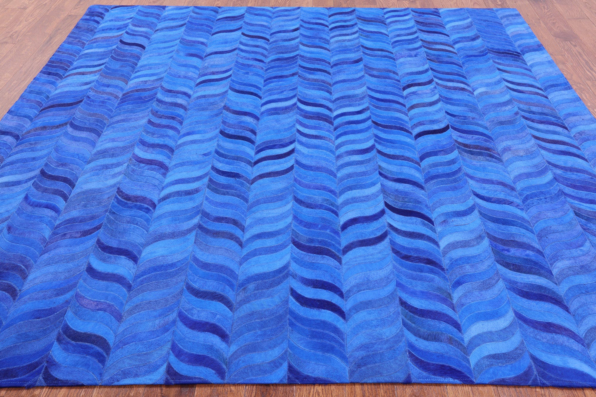 Blue Square Natural Cowhide Hand Stitched Patchwork Rug - 8' 0" X 8' 0" - Golden Nile