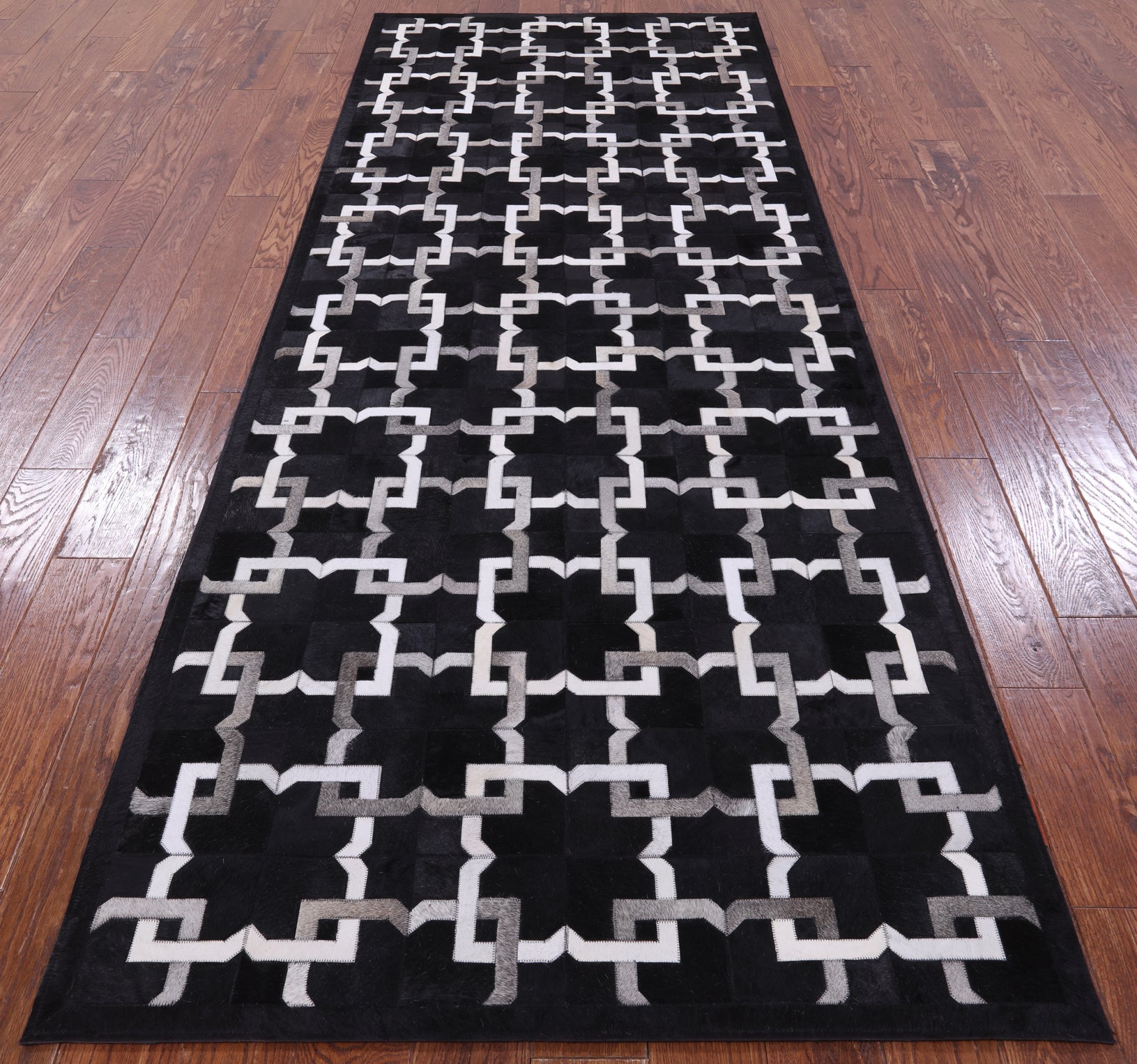 Black Natural Cowhide Hand Stitched Patchwork Runner Rug - 4' 0" X 10' 0" - Golden Nile
